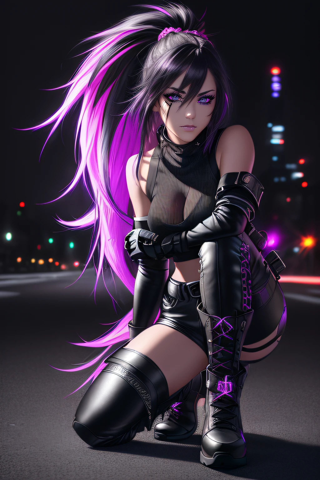 beautiful girl, full body, short bright neon streaked dishevelled hair, ((large light realistic detailed eyes:1.3)), ((seductive pose:1.2)), black eyeshadow, (street style wear:1.2), ((tight fitted pants)), ((knee high leather boots)), (dark city night black background:1.4), dark makeup, digital art, trending on artstation, highly detailed, fine detail, intricate, beautiful detailed glow, detailed, Cinematic light, high-res, detailed facial features, sharp focus, smooth, aesthetic,