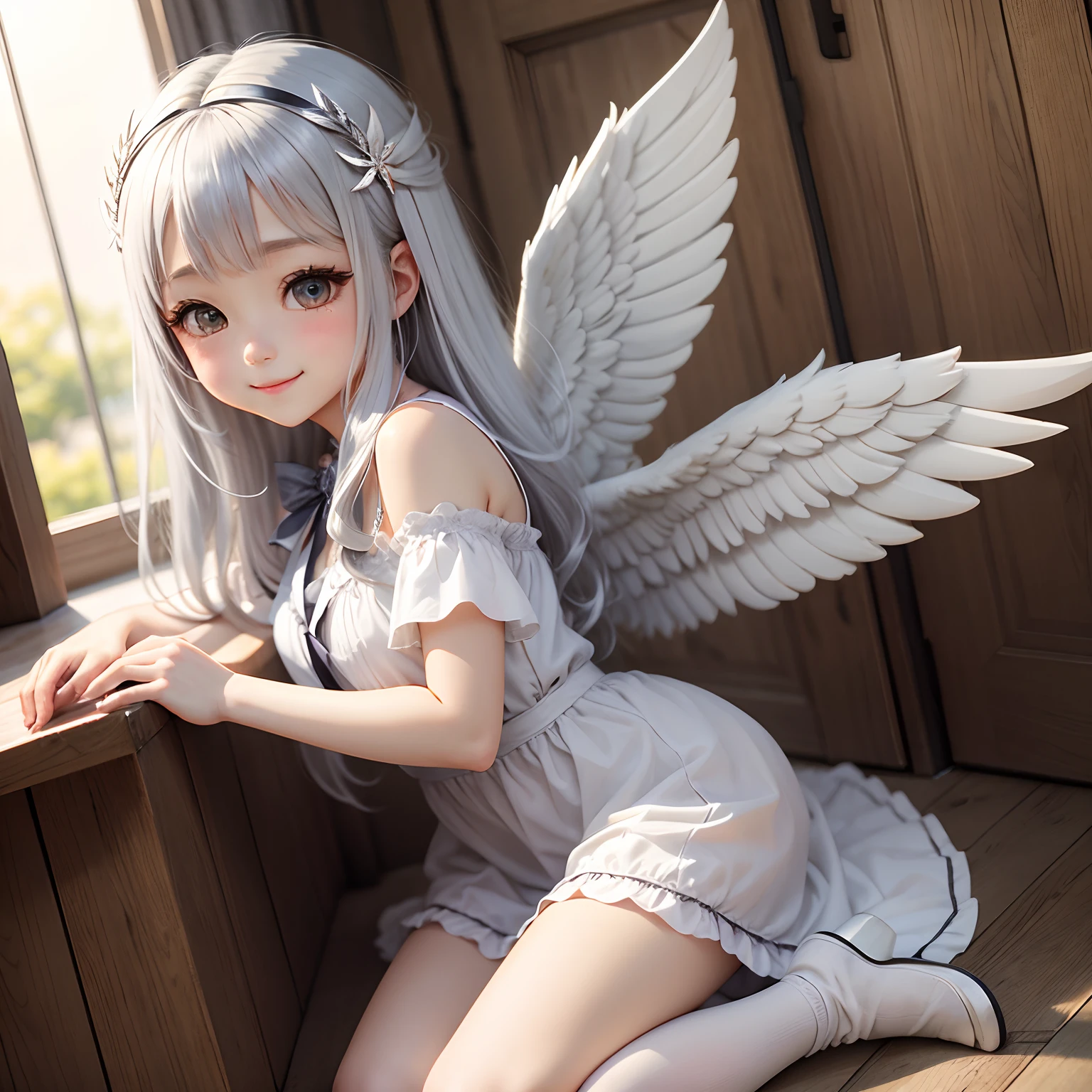 kawaii、silber hair、Girl Angel、White double wing、A smile