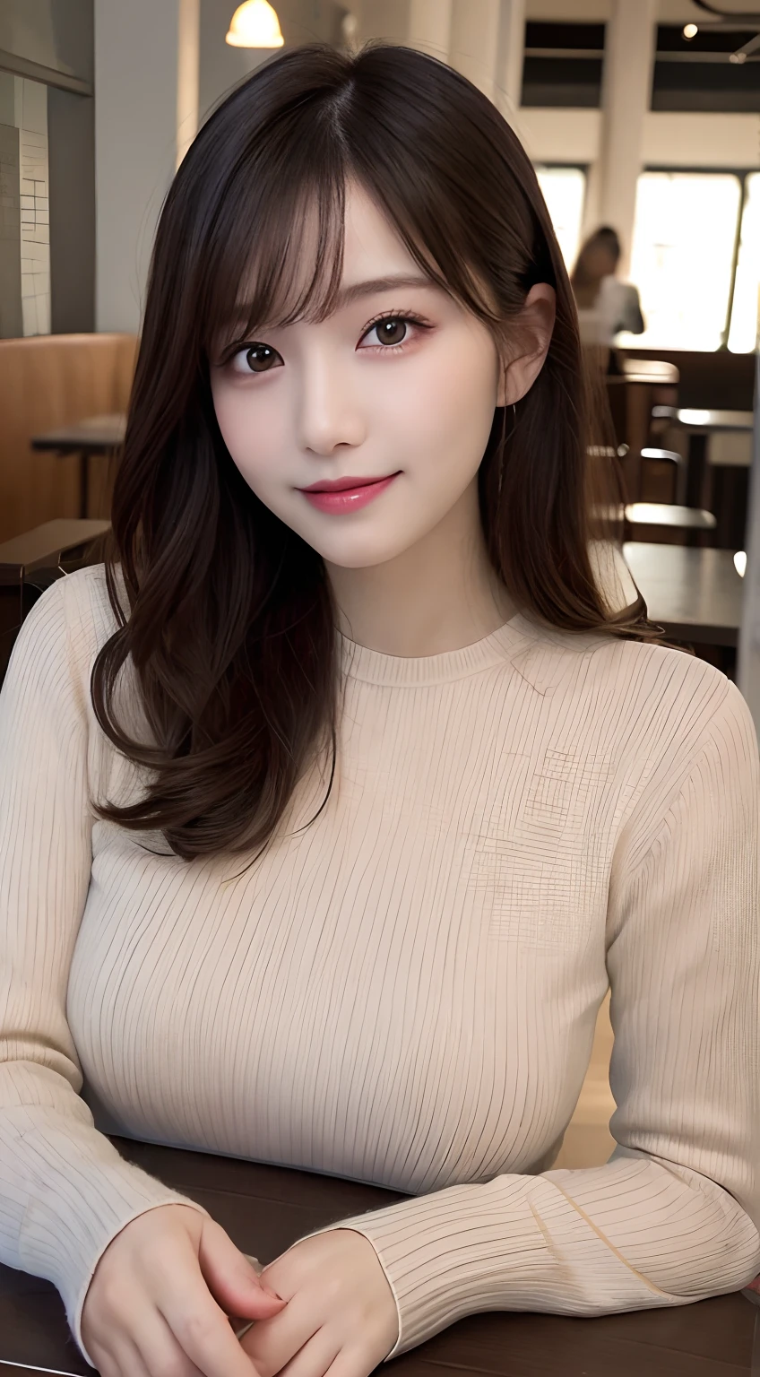 masutepiece, Best Quality, Illustration, Ultra-detailed, finely detail, hight resolution, 8K Wallpaper, Perfect dynamic composition, Beautiful detailed eyes, Sweaters, Medium Hair,Brown hair color ,Small breasts, Natural Color Lip, Random and sexy poses,Random situations,Slender body,Slender face,A big smile