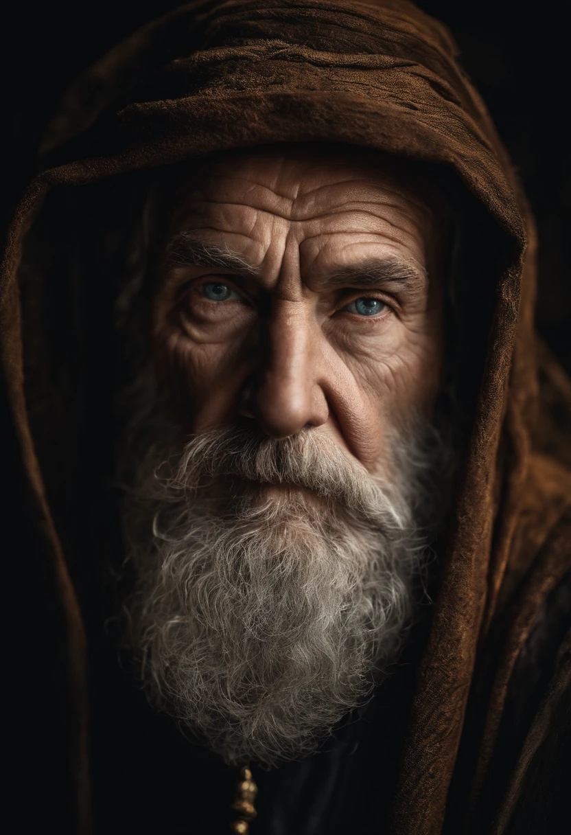 A portrait of a wizard, bearded, wrinkled, weathered, with piercing eyes, detailed face, high details, photography, dark studio, rim light, Nikon D850, 50mm, f/1.4