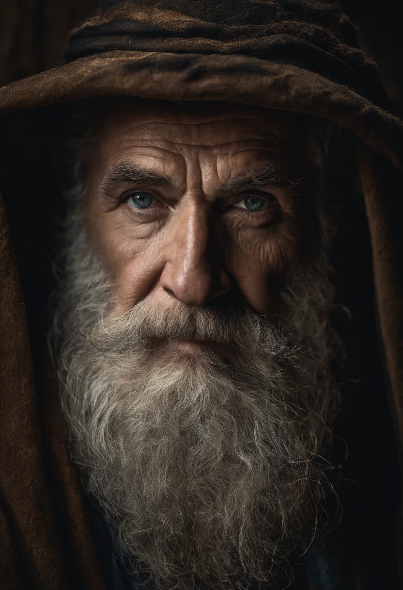 A portrait of a wizard, bearded, wrinkled, weathered, with piercing eyes, detailed face, high details, photography, dark studio, rim light, Nikon D850, 50mm, f/1.4