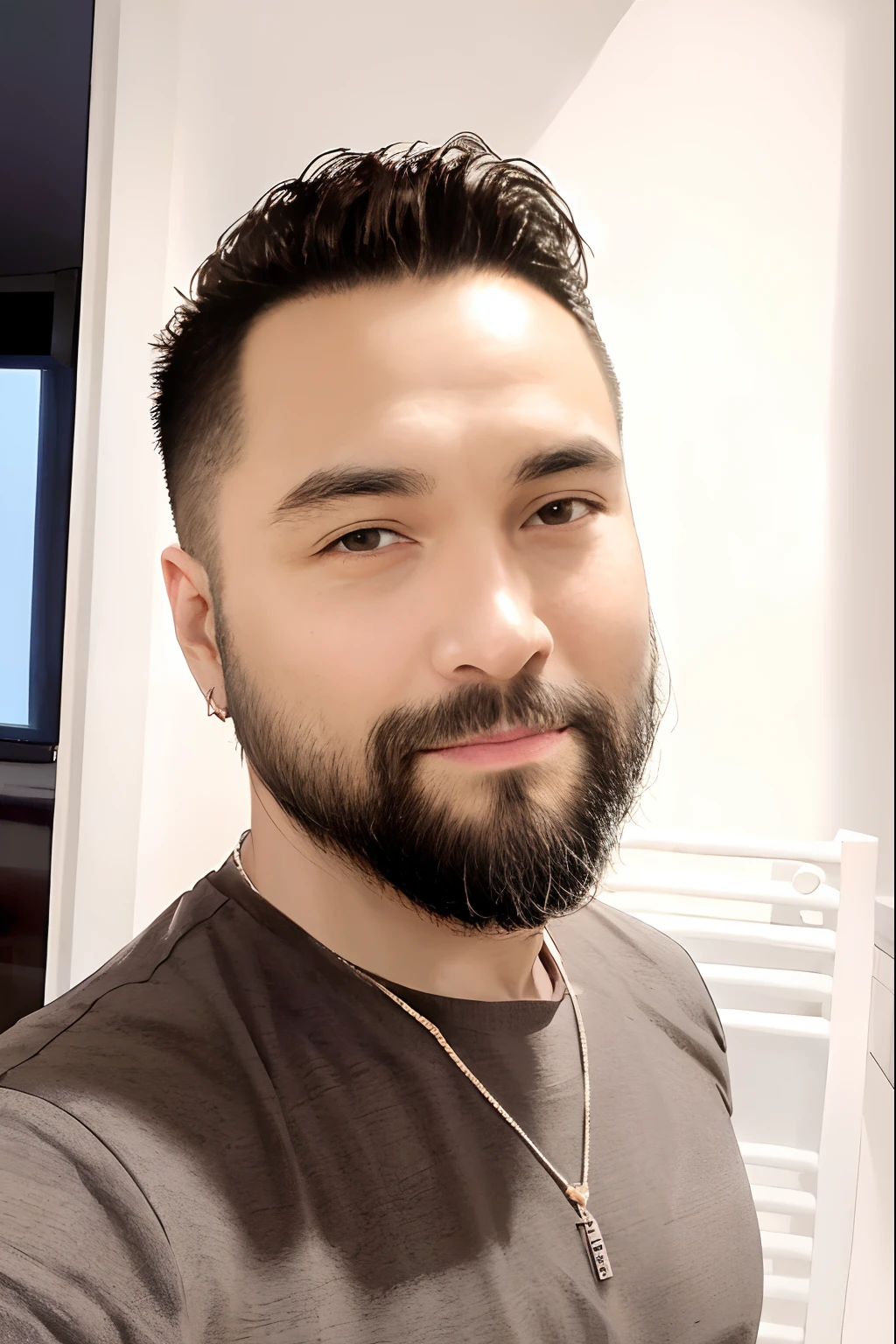 There is a man with a beard and a necklace standing in front of a television, Article Reddit, Porter du spiky, Publication Facebook, Publication Instagram, avec une petite barbe, environ 3 5 ans, Khyzyl Saleem, Johnatan Wayshak, avec une barbe et une chemise noire, 3 2 ans, Photographie selfie 8k