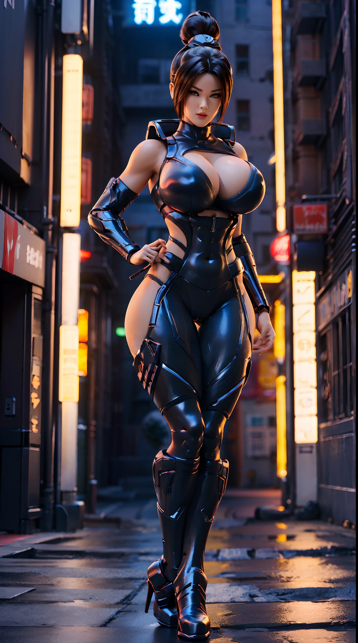 (CYBER NINJA), (HUGE FAKE BOOBS), (BEAUTIFUL FACE), (BLACK, RED), (STREET CITY BACKGROUND), (FUTURISTIC CYBER NINJA BRA), (CLEAVAGE), (SKINTIGHT YOGA PANTS), (NINJA BOOTS), (PERFECT BODY:1.2), (FULL BODY VIEW), (LOOKING AT VIEWER), (Standing:1.3), MUSCULAR BODY, MUSCLE ABS, UHD, 8K, 1080P.