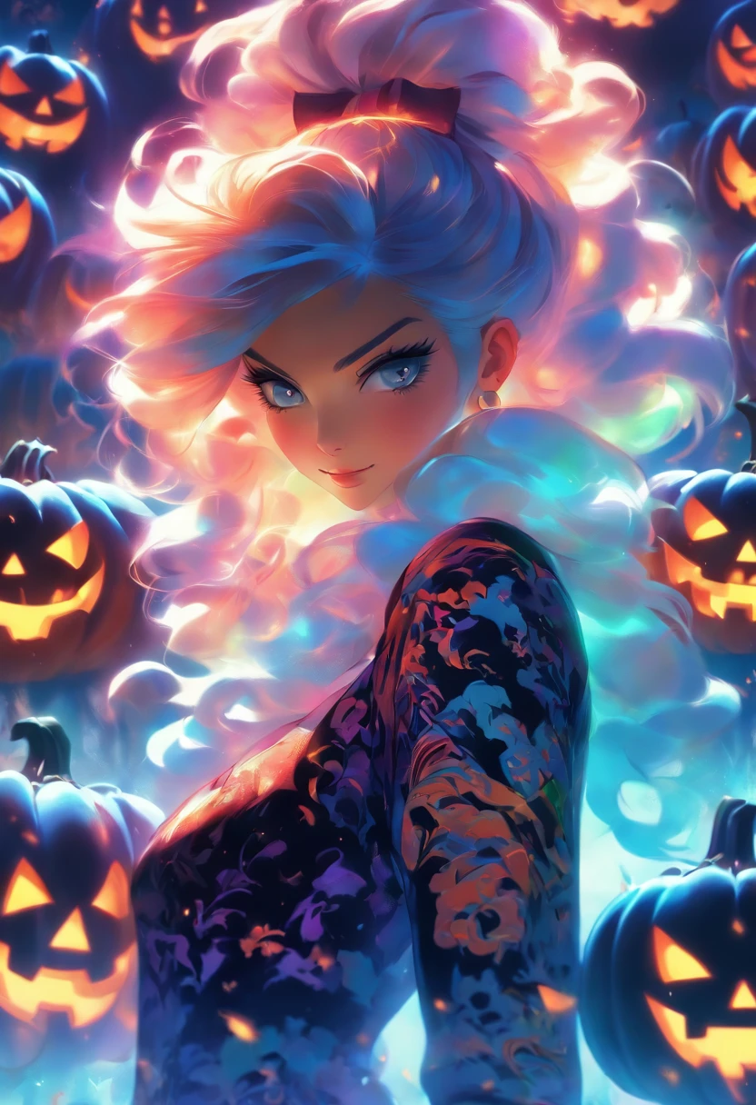 a woman in a halloween costume standing in front of pumpkins, halloween art style, in a halloween style, in the style artgerm, style artgerm, in the style of ross tran, rossdraws cartoon vibrant, ross tran style, as seen on artgerm, artgerm and rossdraws, inspired by rossdraws, extremely detailed artgerm