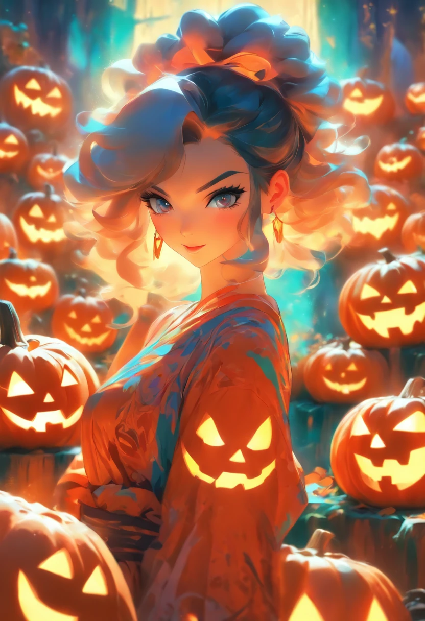 a woman in a halloween costume standing in front of pumpkins, halloween art style, in a halloween style, in the style artgerm, style artgerm, in the style of ross tran, rossdraws cartoon vibrant, ross tran style, as seen on artgerm, artgerm and rossdraws, inspired by rossdraws, extremely detailed artgerm