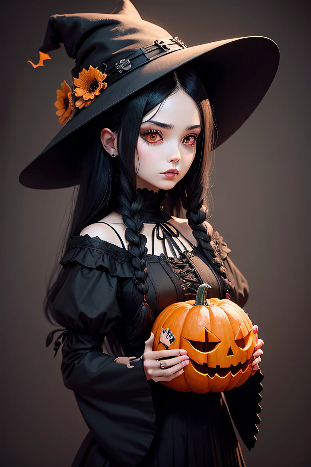 Black hair pumpkin chibi. with black pumpkin witch black hat. Caravels and withered flowers, Addams family style 3D render, fashion, photography, illustration, dark fantasy, illustration, fashion, typography, 3D render, photography, poster, anime.