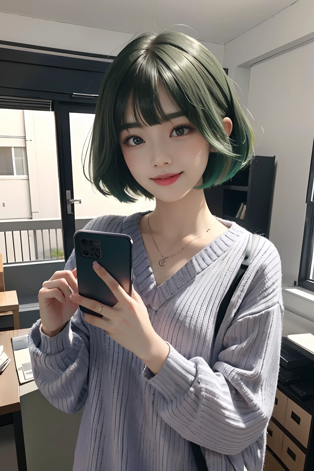 qulity、masterpiece:1.1)、(realisticlying:1.4)、1girl in、animesque、phone、Holding a phone、Wear a purple jumper 、animesque、charicature、realisitic、3D、a person、mix、Green hair、bob cuts、2D、modeled、realperson、the front、a smile