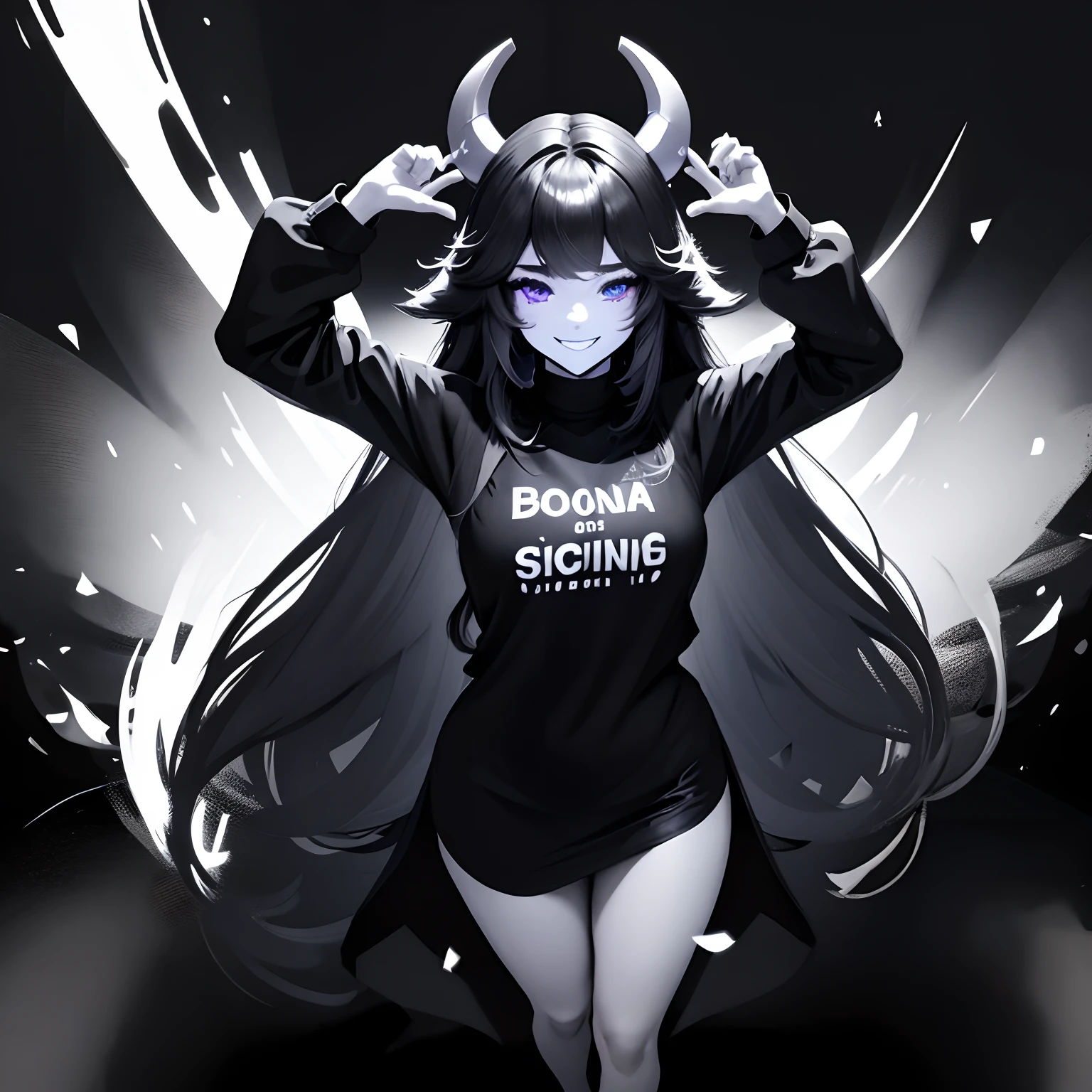 black background, solo, simple background, monochrome, long hair, 1girl, spot color, clothes writing, english text, shirt,greyscale, no humans, parody, smile, holding, standing, glowing, t-shirt, full body, dark, bomb, virtual youtuber, jaggy lines, grin, silhouette, bangs, explosive, arms up, looking at viewer, black theme, faceless, very long hair, stylus, colored skin, black skin, long sleeves, jewelry, glowing eyes, tail, black horns, cheering