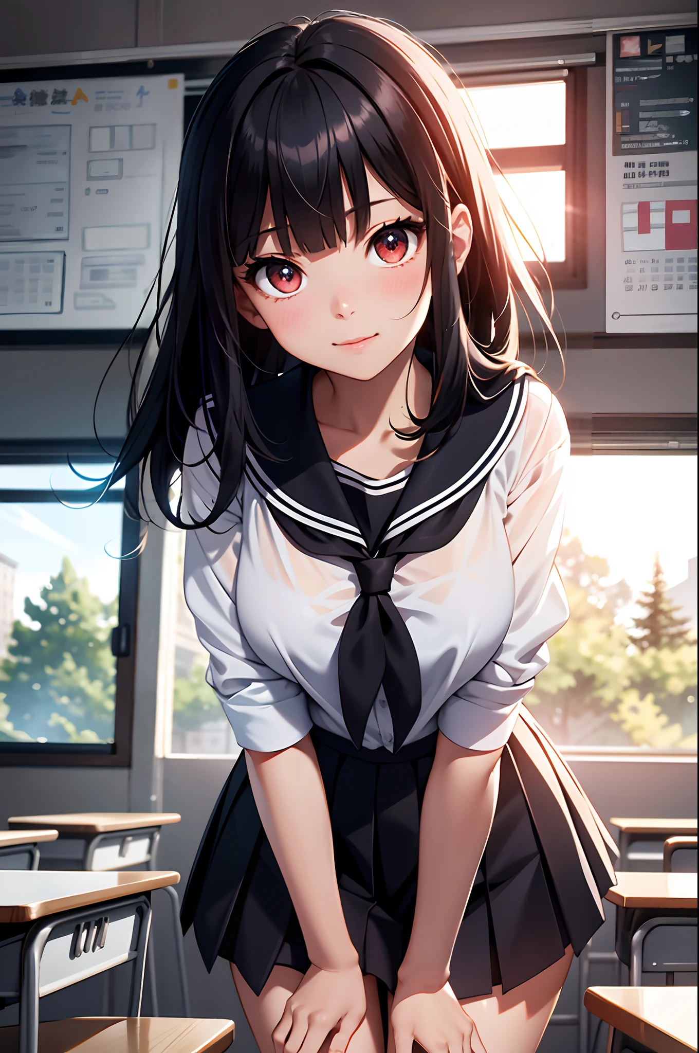 (extremely details CG、Unity、8K Wallpapers)、(extremely delicate and beautiful)、(​masterpiece)、(top-quality:1.0)、(超A high resolution:1.0)、beautiful  lighting、perfect lightning bolt、realistic shadow、[hight resolution]、Detailed skin、ultra-detailliert、detailed faces and eyes、Realistic eyes、Sharp pupils、Colossal tits、(From below:1.2)、cowboy  shot, Inside the classroom、Schools、Evening glow、beauitful face、blurry backround、16-year-old beautiful girl、shinny skin、Side Up、Beautiful black hair、Blunt bangs、Red Eye、(Katyusha:1.2)、a sailor suit、Pleated miniskirt、Curve、(You can see light panties:1.0)、Gentle smile、