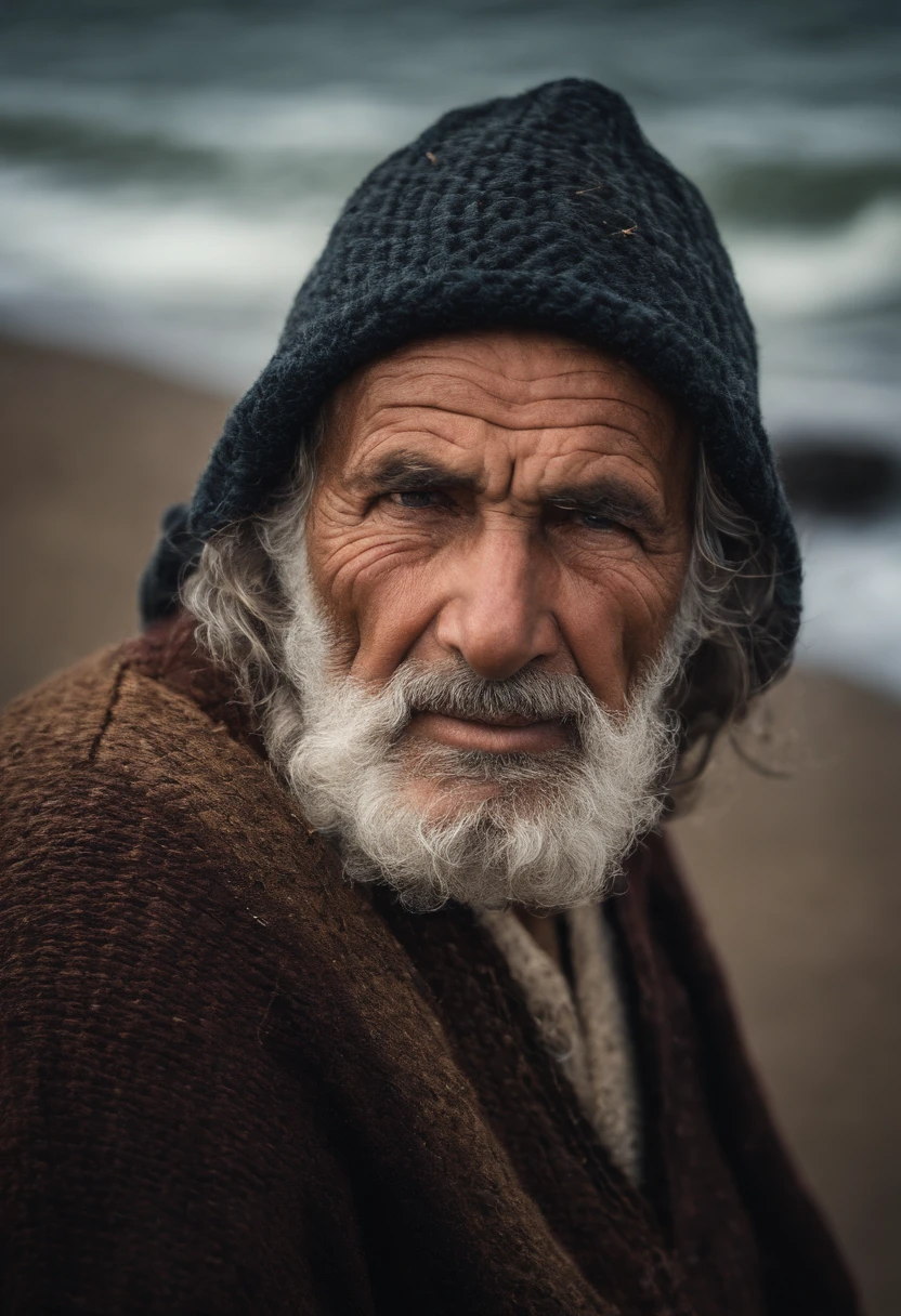 Award-winning portrait photo of an older grizzled medieval fisherman in a Serha sweater with wrinkles on his face, Rede de pesca, Barco, oceano, ondas, penhasco de montanha com ondas quebrando, tempestuoso, Esquerda, Ser, (background lighting: 1.3), Pintura digital, arte conceitual, liso, foco nítido, thirds rule, fantasia sombria, detalhes intrincados, Medium plan