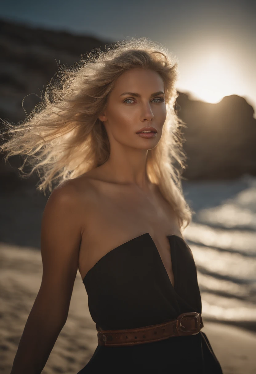 photo awarded best quality masterpiece upper body woman Elsa Karlsson blonde hair blonde with drealocks blown by wind blue eyes strapless dress modern by Jeremy Lipking by Antonio J. Manzanedo by lee jeffries, wearing a black bikini, Nikon D850 film Stock Photography 4 camera kodak portra 400 lens f1.6 rich colors realistic texture hyper realistic dramatic lighting unreal mechanism trend on artstation cinestill 800, fisheye lens, kilt style, windy Mediterranean beach, tongue out, (head back:1.4)