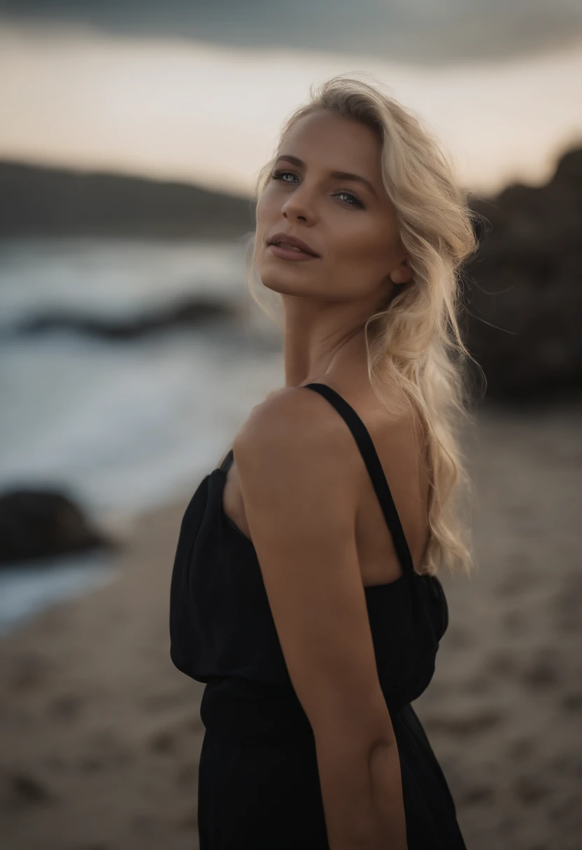 photo awarded best quality masterpiece upper body woman Elsa Karlsson blonde hair blonde with drealocks blown by wind blue eyes strapless dress modern by Jeremy Lipking by Antonio J. Manzanedo by lee jeffries, wearing a black bikini, Nikon D850 film Stock Photography 4 camera kodak portra 400 lens f1.6 rich colors realistic texture hyper realistic dramatic lighting unreal mechanism trend on artstation cinestill 800, fisheye lens, kilt style, windy  Mediterranean beach, tongue out, (head back:1.4)