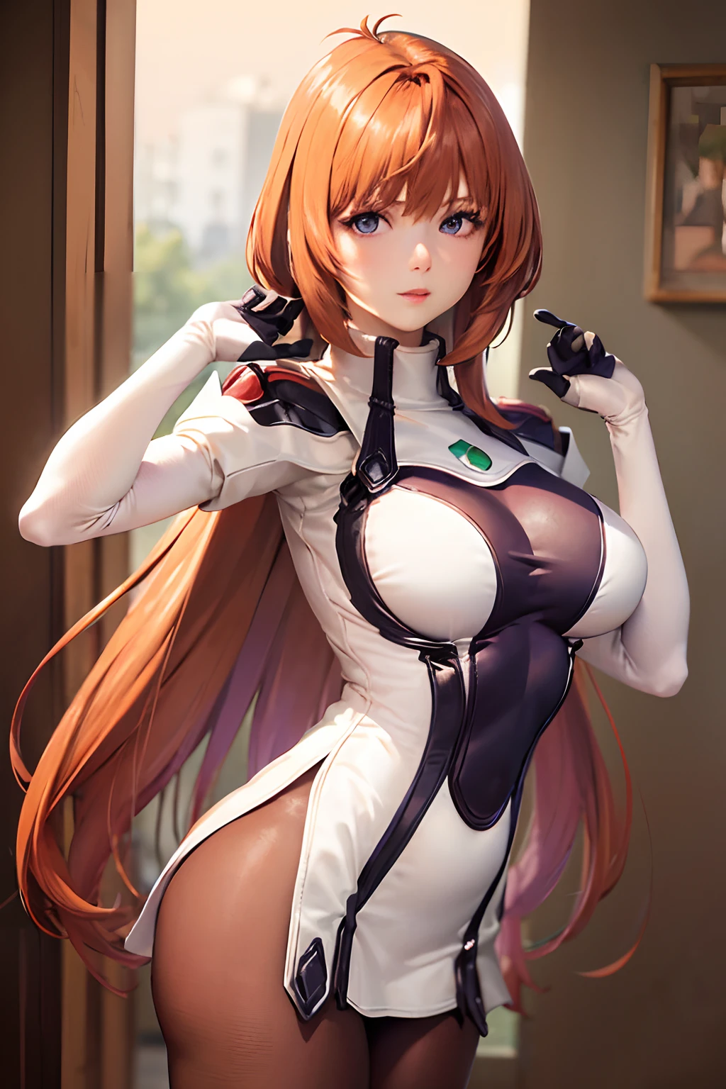 (masterpiece, best quality:1.2), solo, 1girl, purple iris, elhaym von houten, parted lips, looking at viewer, uniform, pantyhose, gloves, large breasts, expanding breasts