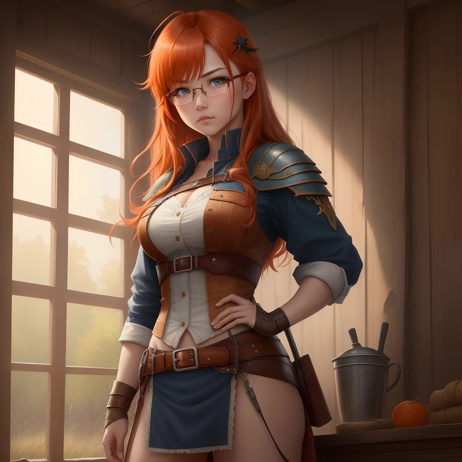 8k, masterpiece, best quality, realistic, higly detailed, cowboy shot, 1girl, solo, itsuki, serious looking girl, medium-length hair, expressive ahoge, reddish-orange hair, a pair of star-shaped hairpins near both of her eyes, dark blue eyes, average height, well-endowed figure, glasses, cute, war bringer