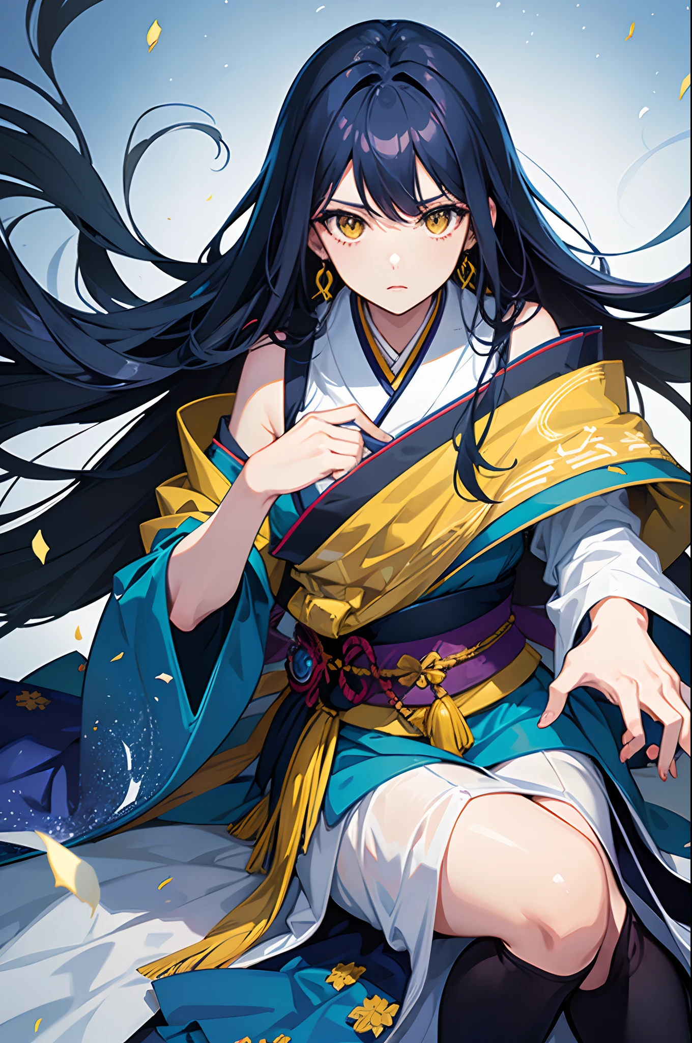 Cover magazine, anime, woman, solo, long hair, dark blue hair, yellow eyes, model, beautiful, half body potrait, fantasy, japanese