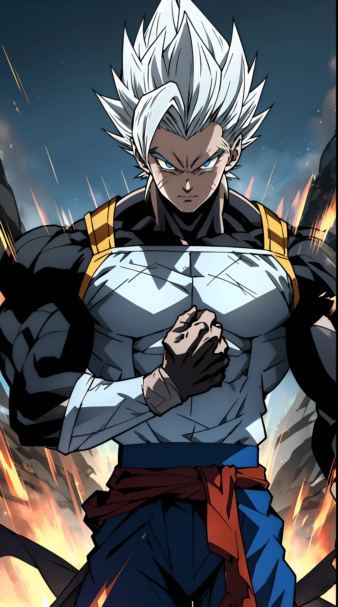 prince vegita, 1boy, closed mouth, male focus, muscular, muscular male, rock, sash, serious, solo, spiked hair, topless male, torn clothes, ultra instinct, black eyes, silver hair, ((masterpiece)), high res, ultra sharp, 8k, (Best quality), (Extremely detailed), 8k, attention to detail, highly detailed, detailed face, highly detailed eyes, Depth of field, sketch, dark intensive shadows, Sharp focus quality, hdr, Colorful, Good composition, There were fires all around, detailed fire, spectacular, Anime screenshots, Scars under the eyes, getting ready to fight, Dark eyes，deep of field，Sea backgroun，ship，sunrays，Red clothes, dark blue spiky hair,quadratic element，style of shonen anime，mtu（Male Warrior，The proportions are correct，Face detail，iconic vegita hairstyle，Neck details，clothes details，getting ready to fight，Game quality，Light and shadow tracking，Ray traching，detailed glow，cg render，hair detail，Handsome，（juvenile sense），Clothing is complicated，Perfect composition，Refinement，high qulity，higher details，Lots of details，The background is complex，a sense of atmosphere，