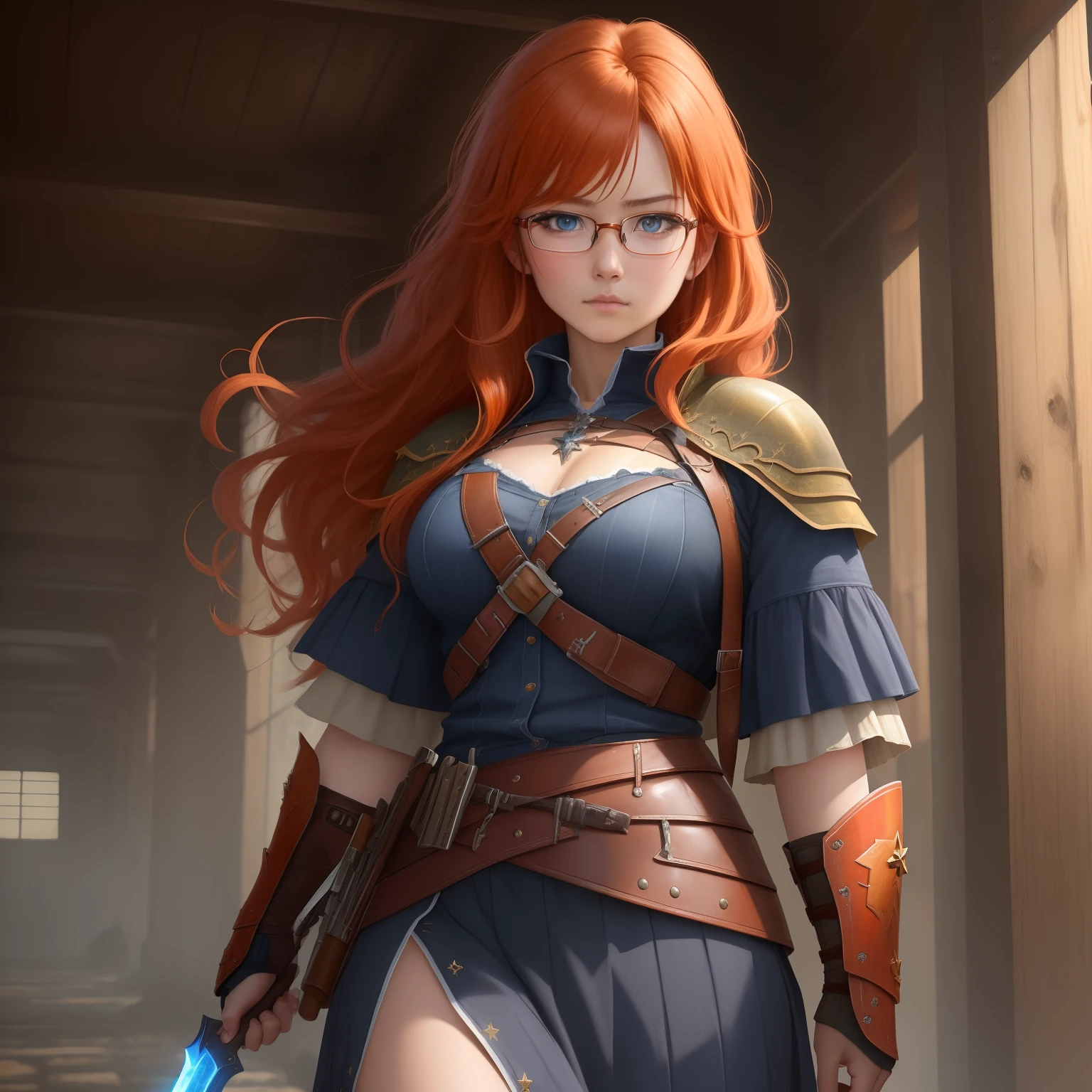 8k, masterpiece, best quality, realistic, higly detailed, cowboy shot, 1girl, solo, itsuki, serious looking girl, medium-length hair, expressive ahoge, reddish-orange hair, a pair of star-shaped hairpins near both of her eyes, dark blue eyes, average height, well-endowed figure, glasses, cute, war bringer