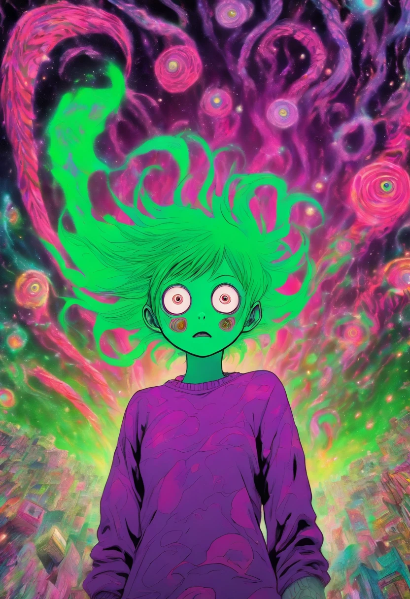masterpíece a woman with purple hair in a green neon shirt standing inside of a black hole, galaxy behind junji ito's uzumaki, junji ito artwork, subtle junji ito, ito junji art, in style of junji ito, art style of junji ito, junji ito style, vertigo comic, style of satoshi kon, junji ito undertones, by Junji Ito