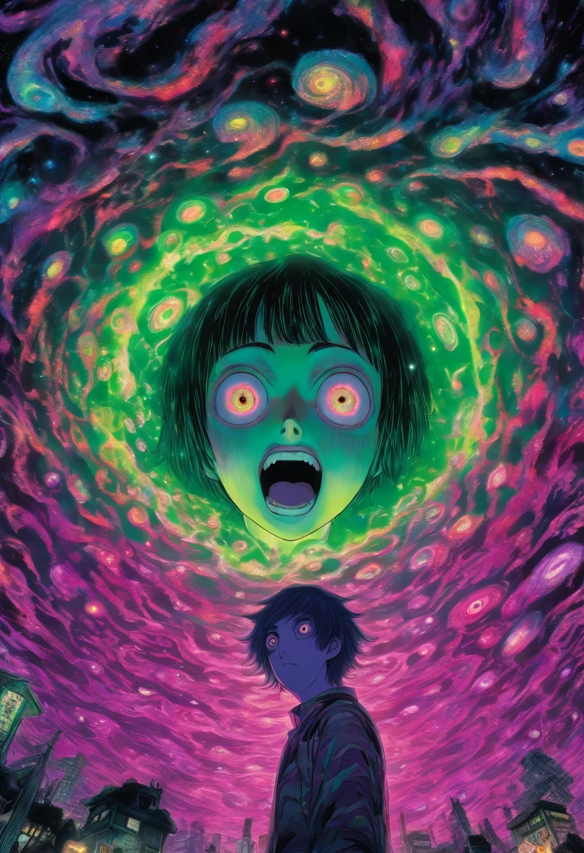 masterpíece a woman with purple hair  in a green neon shirt standing inside of a black hole, galaxy behind  junji ito's uzumaki, junji ito artwork, subtle junji ito, ito junji art, in style of junji ito, art style of junji ito, junji ito style, vertigo comic, style of satoshi kon, junji ito undertones, by Junji Ito