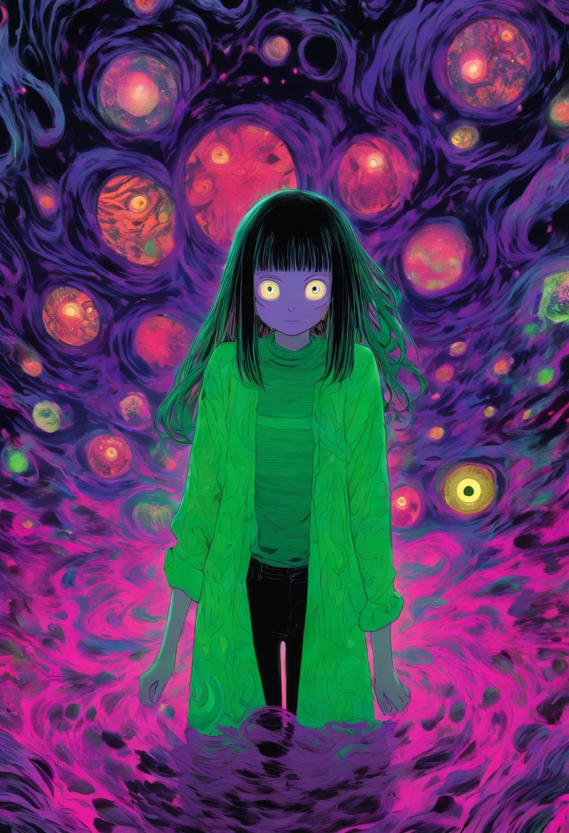 masterpíece a woman with purple hair  in a green neon shirt standing inside of a black hole, galaxy behind  junji ito's uzumaki, junji ito artwork, subtle junji ito, ito junji art, in style of junji ito, art style of junji ito, junji ito style, vertigo comic, style of satoshi kon, junji ito undertones, by Junji Ito