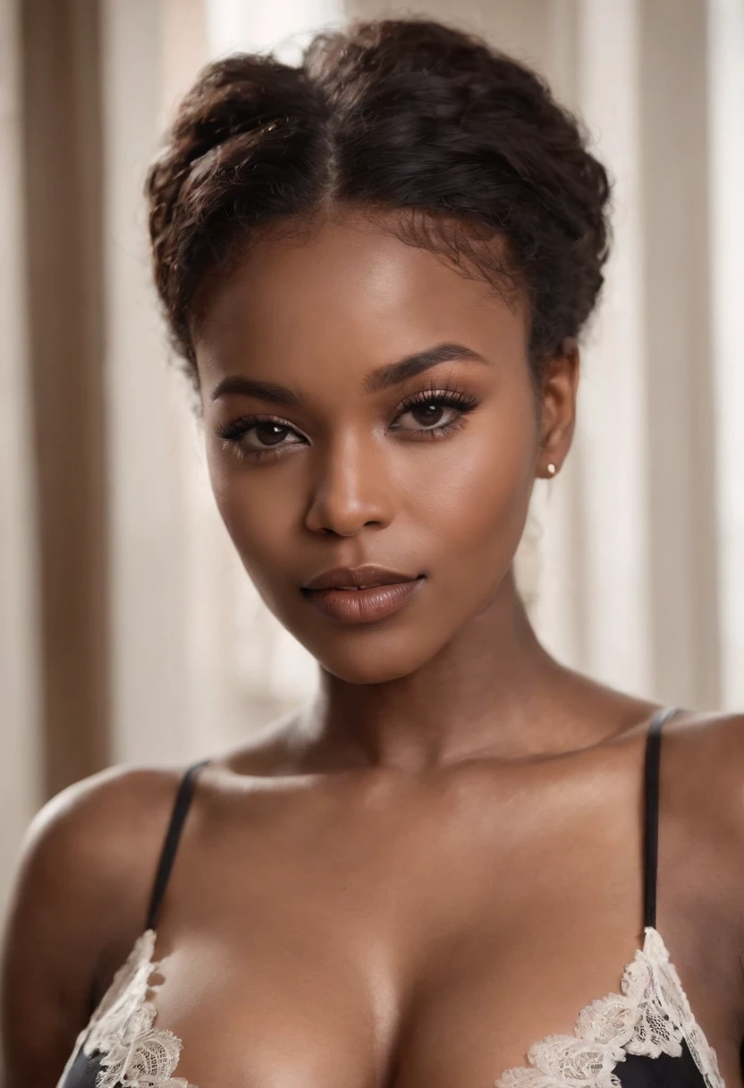 Beautiful blaCK woman, extremely sexy body, detailed huge breasts with huge dark areolas looking directly at the camera, with a sexy look, wearing sheer lace lingerie