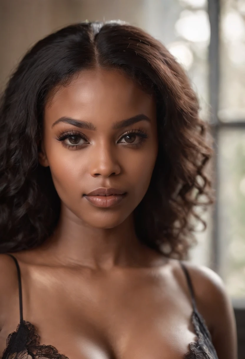 Beautiful blaCK woman, extremely sexy body, detailed huge breasts with huge dark areolas looking directly at the camera, with a sexy look, wearing sheer lace lingerie
