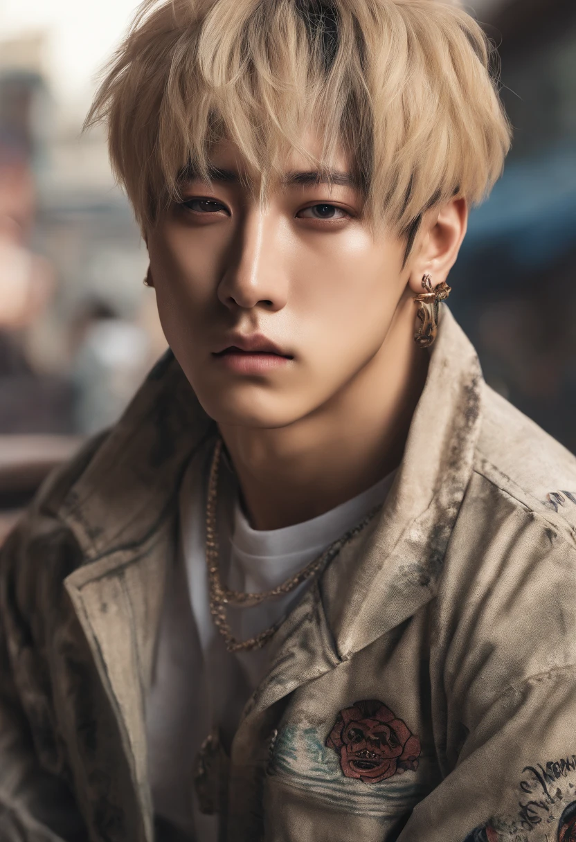 Jeon Jungkook of bts with blonde hair, elongated eyes, wearing a high-necked shirt with tattoos, holding a cigar