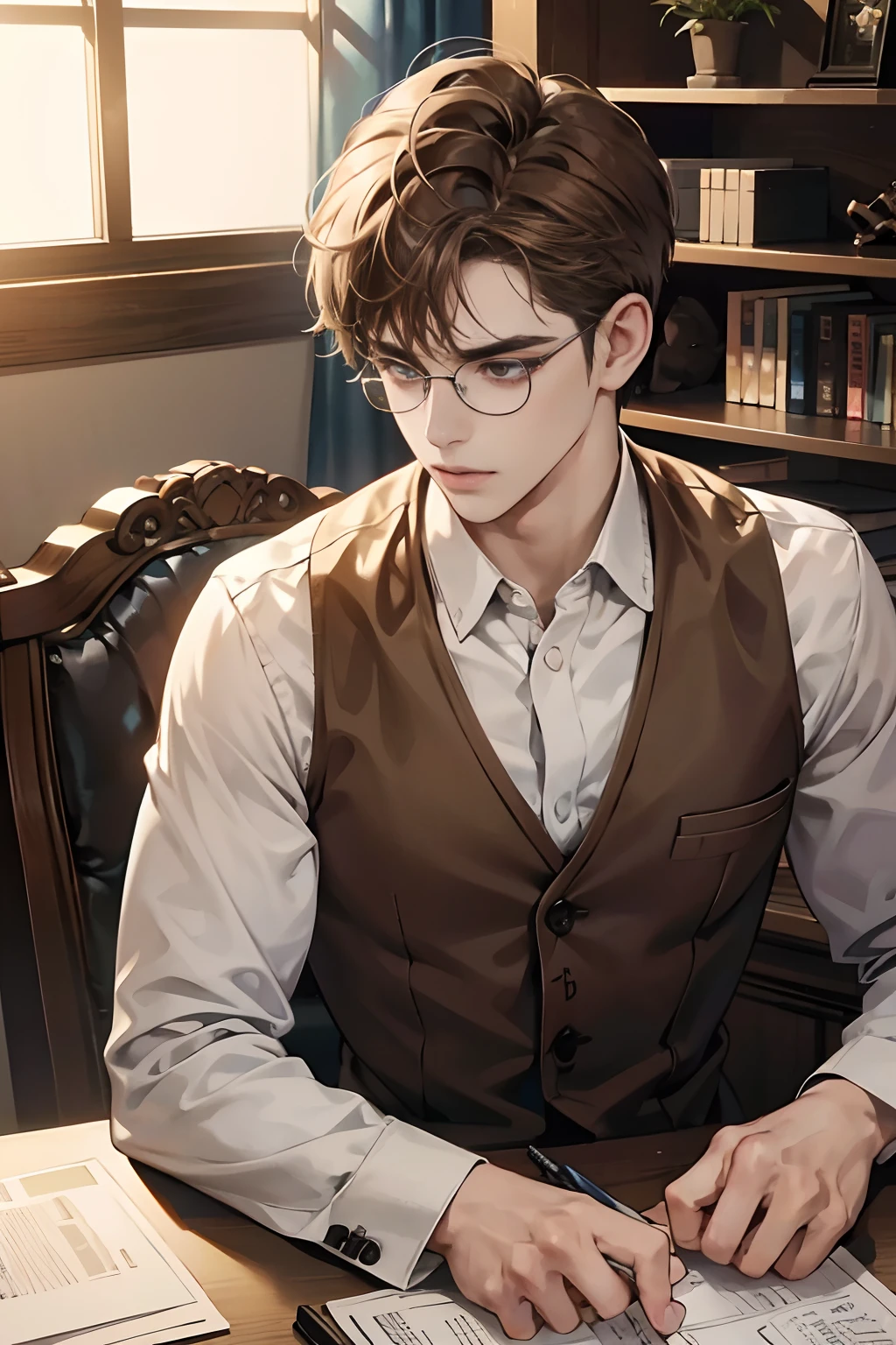 (tmasterpiece, high resolution, ultra - detailed:1.0), (1 boy, Young male), Eyes looking at the document, Perfect male body, Extremely detailed CG, 8K wallpaper, Complicated details, solo person, Detailed face,(gloomy face, arched eyebrows, sunkissed brown hair, pure hazel eyes, glasses ), details of clothing (white shirt, brown jacket vest, one button of the top shirt unbuttoned), in the work room, sitting on a work desk chair in the middle of the work room, writing a document, the room is dark, there is a light on in work desk, large room, walls surrounded by large bookcases,, color difference, Depth of field, dramatic shadow, Ray tracing, Best quality, Cinematic lighting, dark room lighting, offcial art