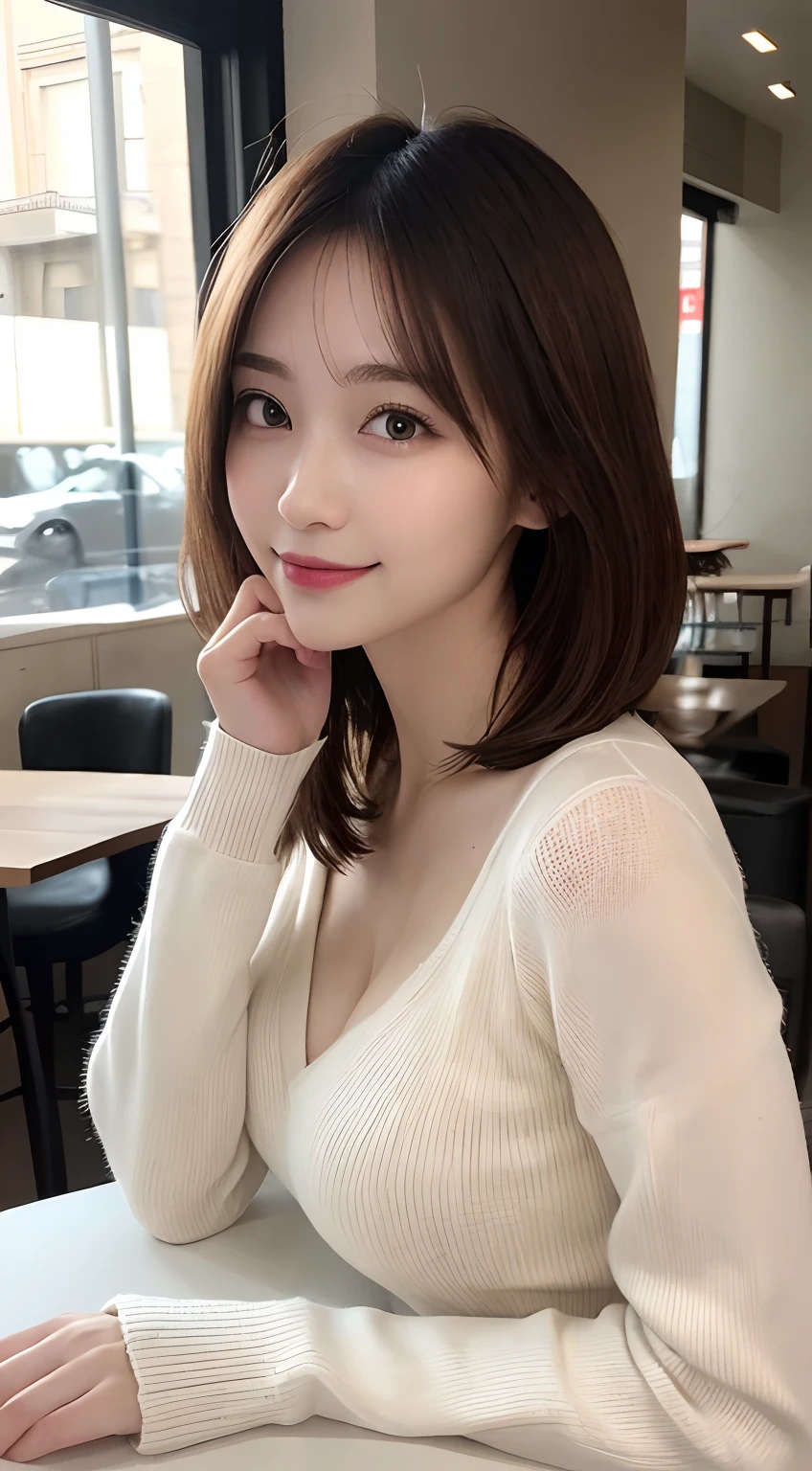 masutepiece, Best Quality, Illustration, Ultra-detailed, finely detail, hight resolution, 8K Wallpaper, Perfect dynamic composition, Beautiful detailed eyes, Long sleeve knit with shoulder extension,Bob Hair, mid-chest, Natural Color Lip, Random and sexy poses,Smile,20 years girl,Colossal tits,cafes,Coffee,Emphasis on the chest