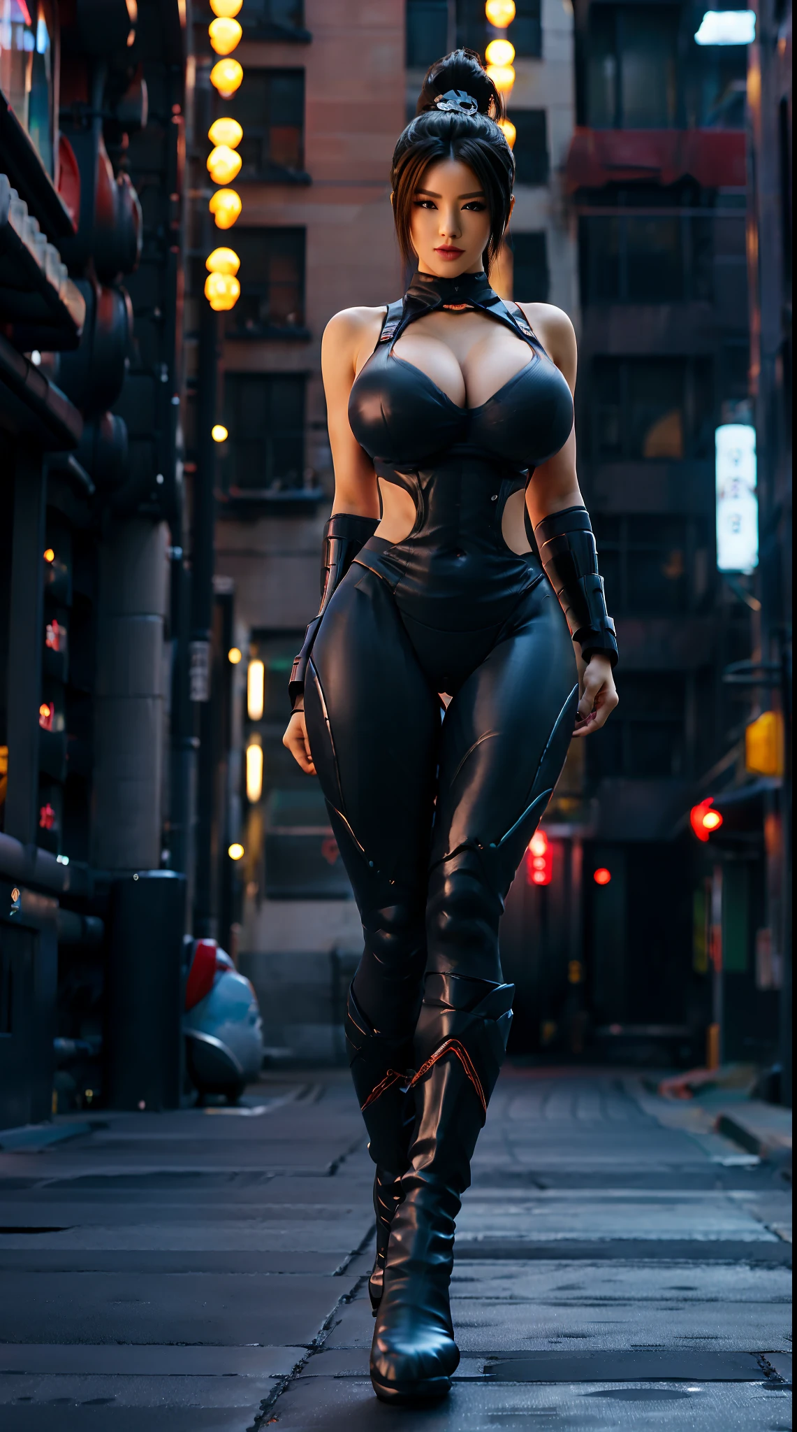 (CYBER NINJA), (HUGE FAKE BOOBS), (BEAUTIFUL FACE), (BLACK, RED), (STREET CITY BACKGROUND), (FUTURISTIC CYBER NINJA BRA), (CLEAVAGE), (SKINTIGHT YOGA PANTS), (NINJA BOOTS), (PERFECT BODY:1.2), (FULL BODY VIEW), (LOOKING AT VIEWER), (Standing:1.3), MUSCULAR BODY, MUSCLE ABS, UHD, 8K, 1080P.