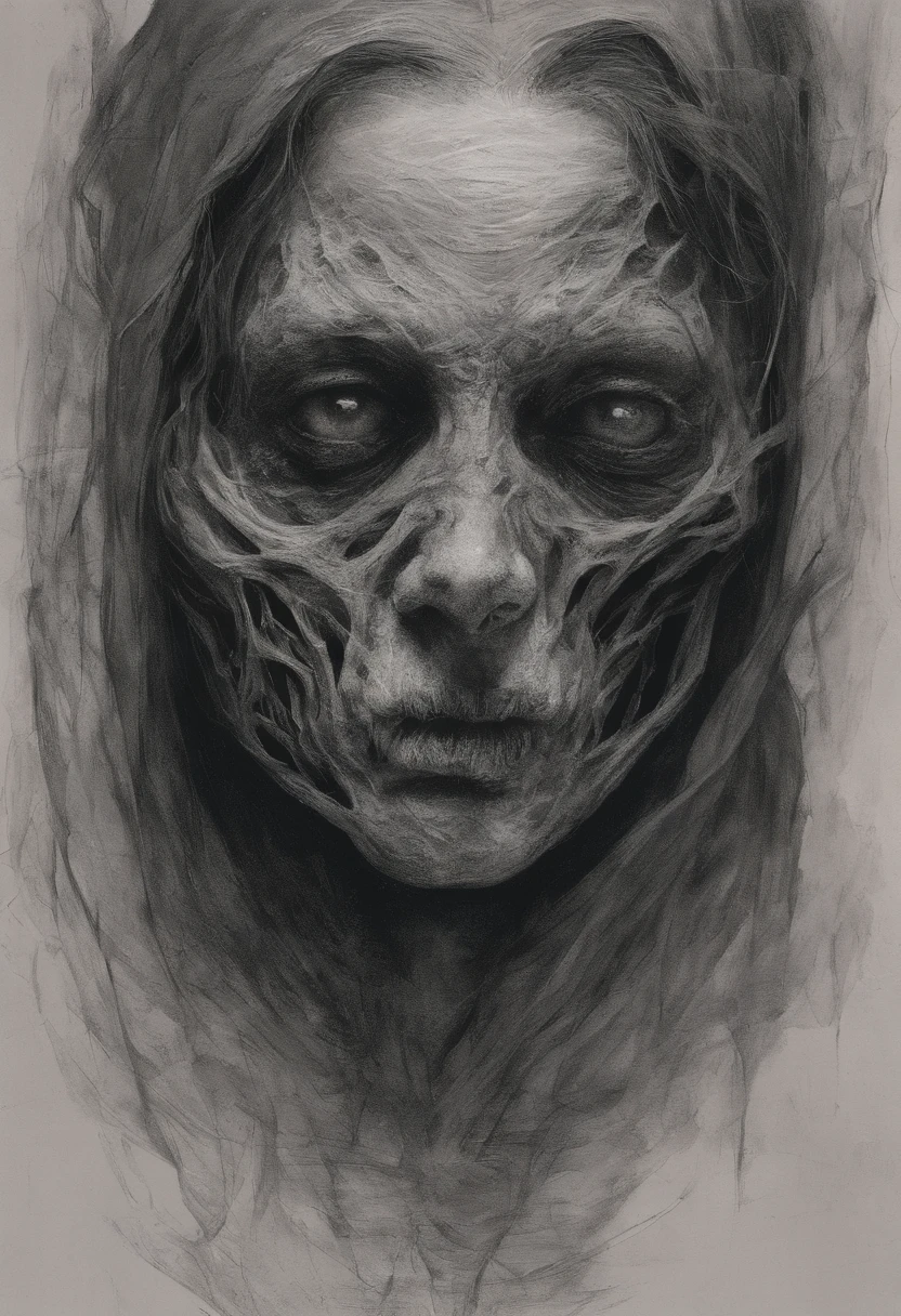 Mulher muito velho, it looks like a corpse, metade de seu rosto deformado, mendigo, sujo, olhar irritado, cabelos grisalhos curtos, pale wrinkled skin, pupilas amareladas, postura curvada, cintura para cima, olhar penetrante e maligno, longo manto preto, Roupas rasgadas, Manto de penas de corvo nas costas, lado esquerdo do corpo coberto com faixas e capuz, mistborn, Posto de gasolina escuro, horror, medo, assustador, suspense, Misterioso