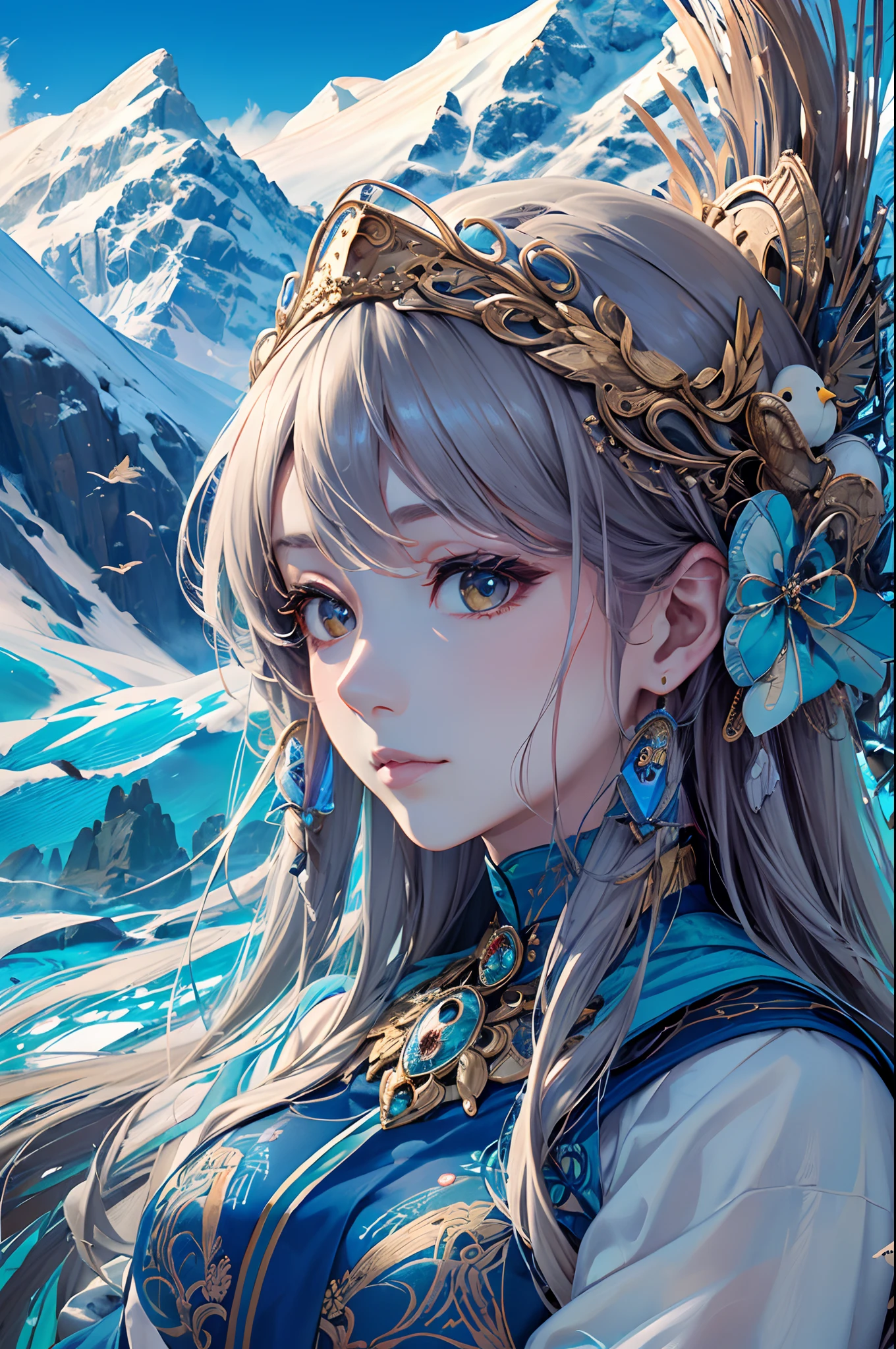 ((Finest quality)),(超A high resolution),(ultra-detailliert),(Meticulous portrayal),((best pictures)),(Finest works of art),Ultra-Precision Art,The art of astounding depiction, great outdoors:1.4,Rugged mountains々,lake,clouds,a bird,breezing, ((Mountain Goddess:1.5))