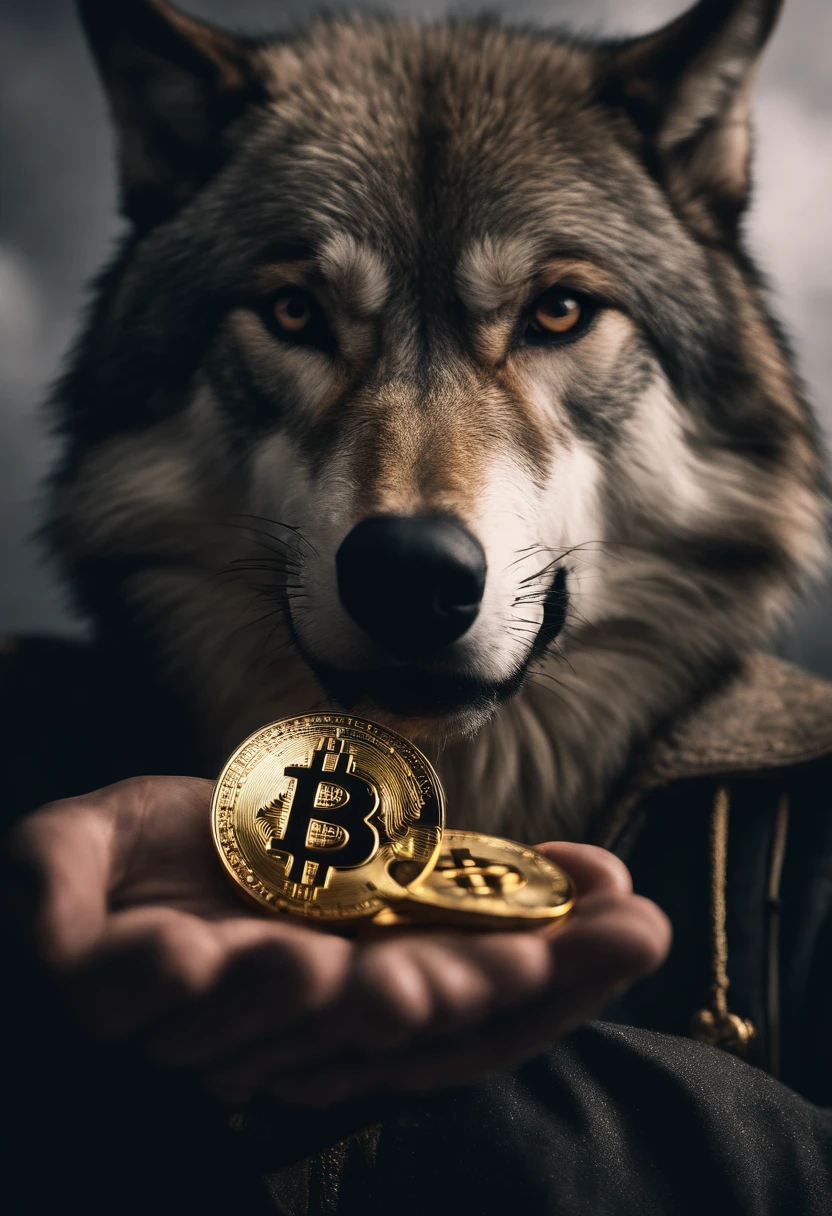 a wolf half face man holding a bitcoin