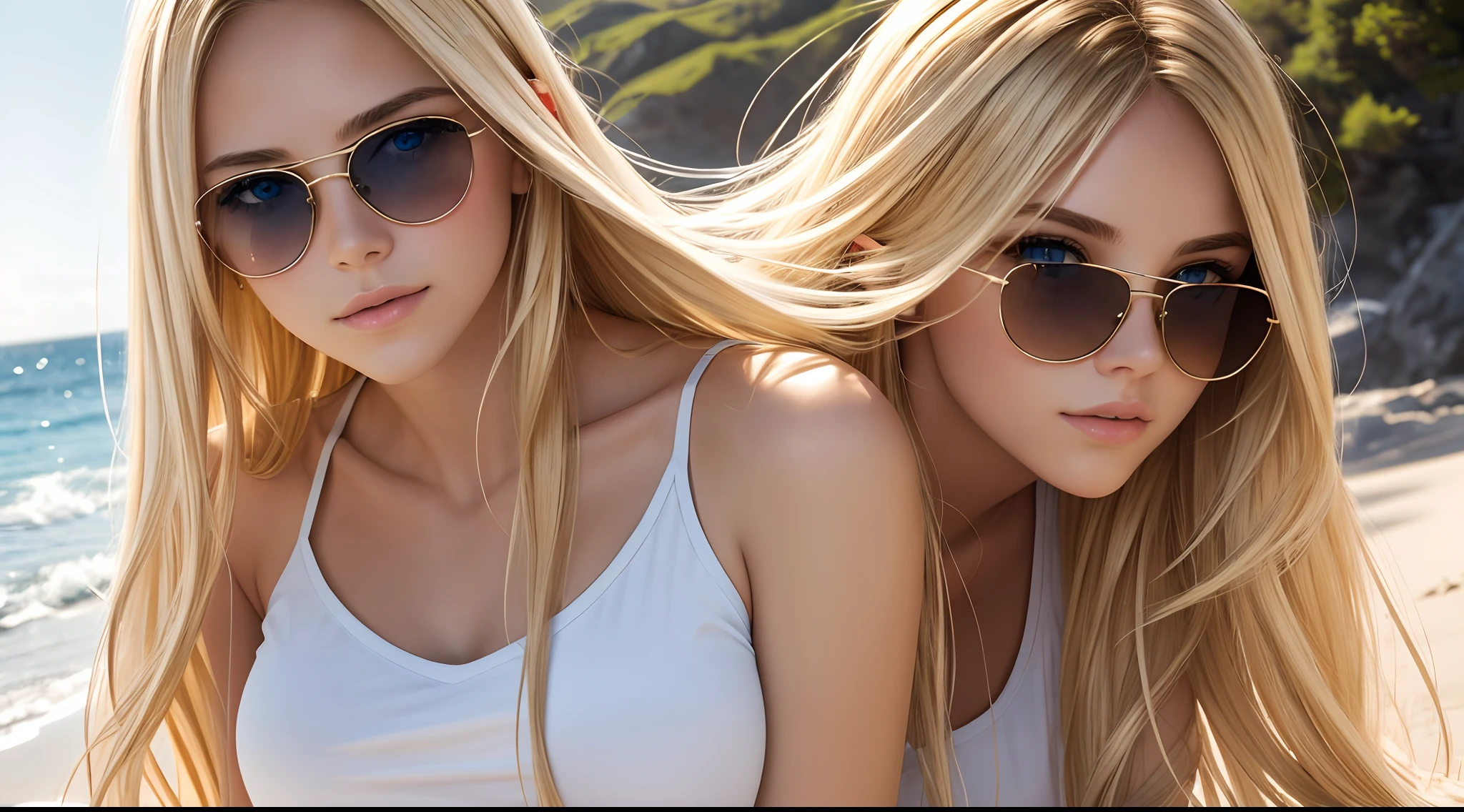 A photorealistic portrait of a 25-year-old DOS with long, flowing blonde hair and striking blue eyes with sunglass Wearing white t-Shart. She should have a natural, approachable expression and be illuminated by soft, golden-hour sunlight. The background should be a scenic outdoor setting, perhaps a sunlit beach. Capture this image with a high-resolution photograph using an 85mm lens for a flattering perspective
