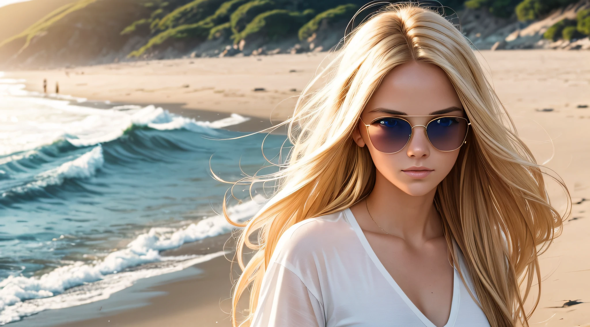 A photorealistic portrait of a 25-year-old DOS with long, flowing blonde hair and striking blue eyes with sunglass Wearing white t-Shart. She should have a natural, approachable expression and be illuminated by soft, golden-hour sunlight. The background should be a scenic outdoor setting, perhaps a sunlit beach. Capture this image with a high-resolution photograph using an 85mm lens for a flattering perspective