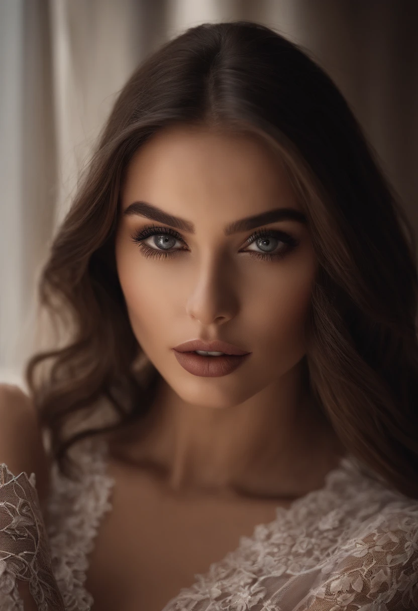 Arafed woman completely , fille sexy aux yeux bruns, ultra realist, Meticulously detailed, Portrait Sophie Mudd, cheveux long et bruns et grands yeux, selfie of a young woman, Dubai Eyes, Violet Myers, sans maquillage, maquillage naturel, looking straight at camera, Visage avec Artgram, Maquillage subtil, Great photo of the whole body kneeling on the bed, dans la chambre, Medium to large bust