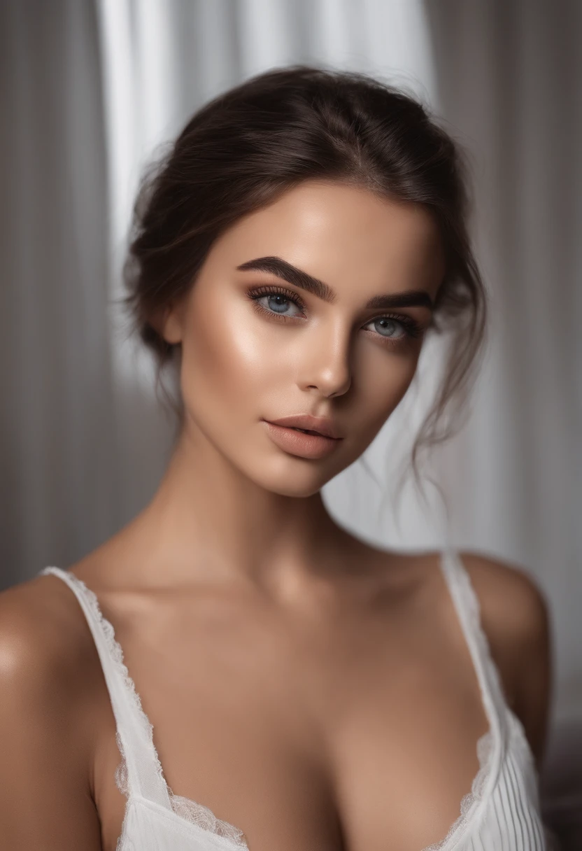 Arafed woman completely , fille sexy aux yeux bruns, ultra realist, Meticulously detailed, Portrait Sophie Mudd, cheveux long et bruns et grands yeux, selfie of a young woman, Dubai Eyes, Violet Myers, sans maquillage, maquillage naturel, looking straight at camera, Visage avec Artgram, Maquillage subtil, Great photo of the whole body kneeling on the bed, dans la chambre, Medium to large bust
