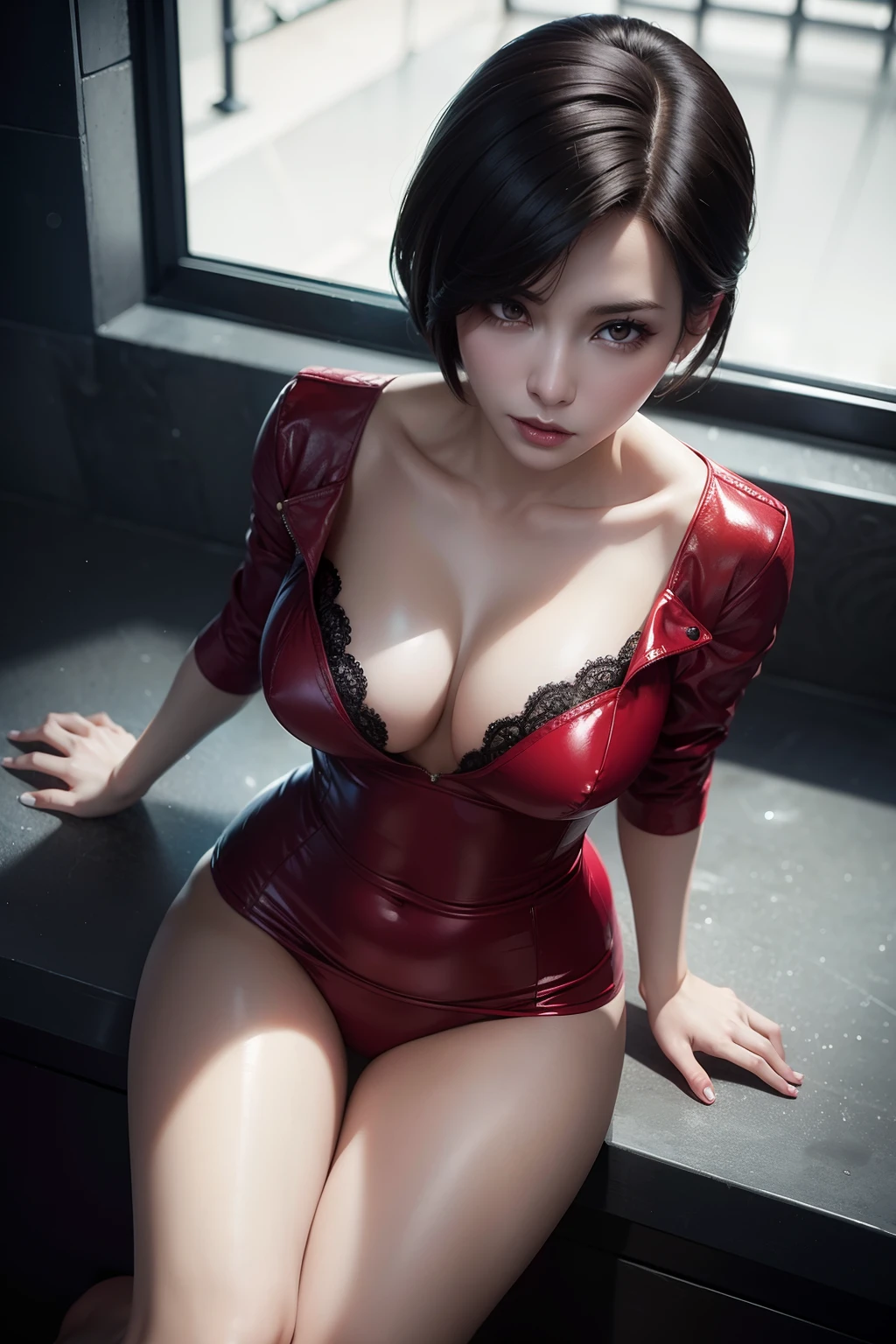 masterpiece, beautiful Ada Wong stand up looking at the viewer with a naughty look (((top view))) in shiny medieval highly detailed sexy small clothing