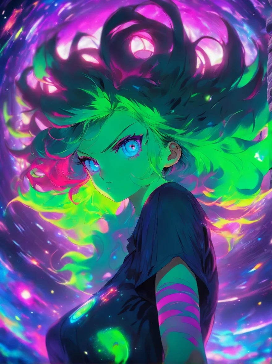 "(best quality, highres, masterpiece:1.2), ultra-detailed, (realistic:1.37), woman, purple hair, green neon shirt, standing, inside of a black hole, galaxy behind, vivid colors, portraits, surreal lighting, cosmic atmosphere"