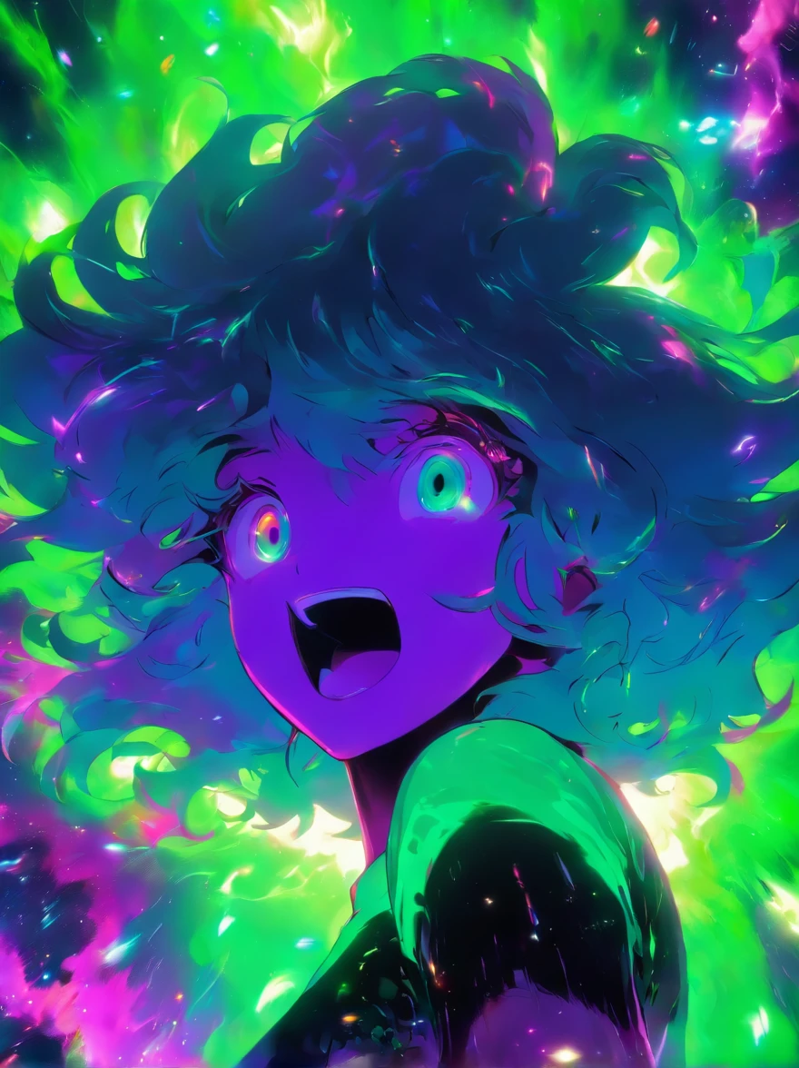 "(best quality, highres, masterpiece:1.2), ultra-detailed, (realistic:1.37), woman, purple hair, green neon shirt, standing, inside of a black hole, galaxy behind, vivid colors, portraits, surreal lighting, cosmic atmosphere"
