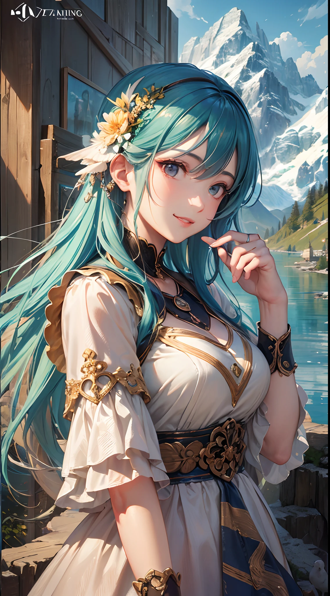 ((Finest quality)),(超A high resolution),(ultra-detailliert),(Meticulous portrayal),((best pictures)),(Finest works of art),Ultra-Precision Art,The art of astounding depiction, great outdoors:1.4,Rugged mountains々,lake,​​clouds,a bird,breezing, Mountain Goddess:0.9,A slight smil