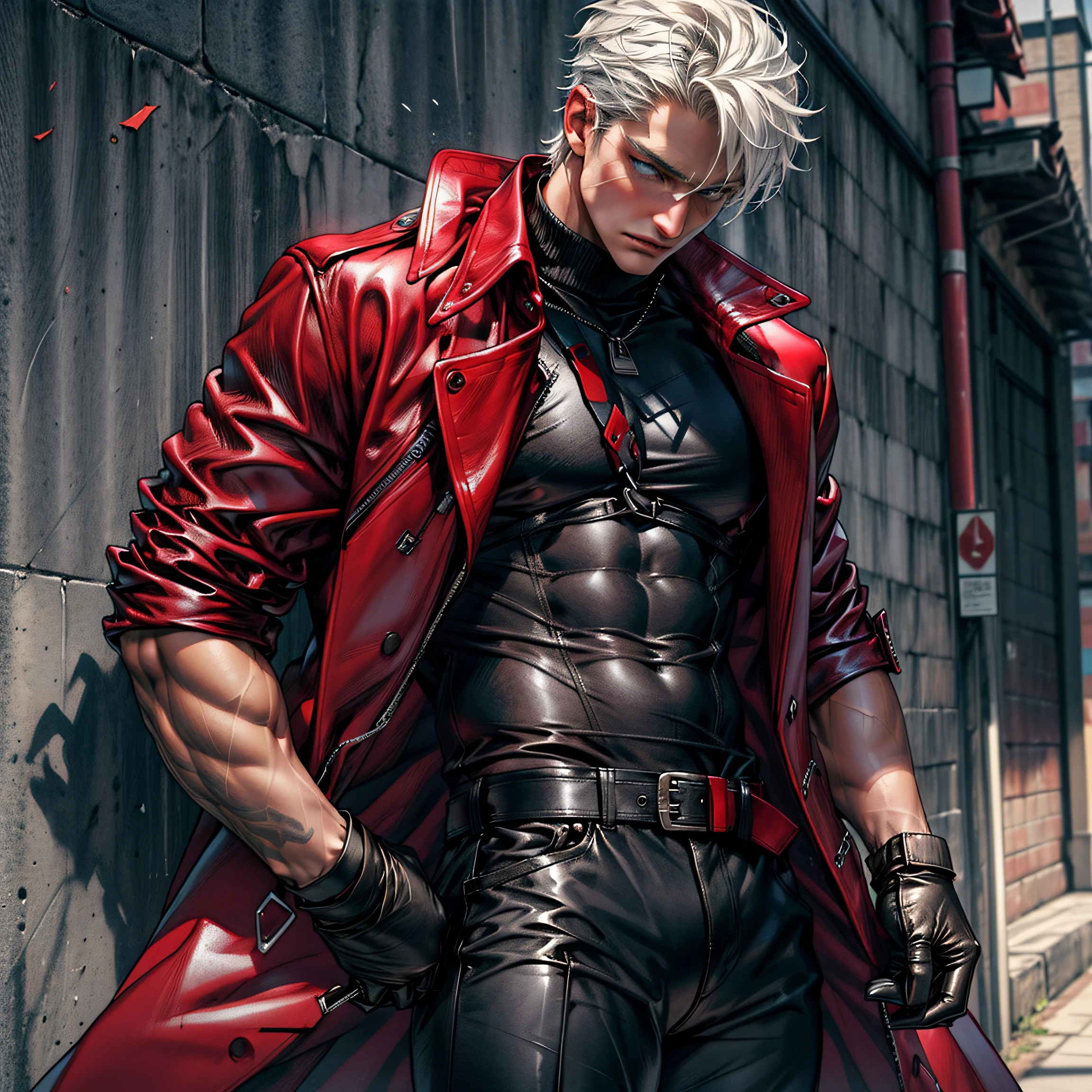 Male age 25, white skin, blue eyes, deep eyes, waist length hair, waning crecent moon violet on the forehead, scarlet red furry trench matrix gabardine open, black cargo pants, only left arm on violet flames, cyberpunk japanese style, chains around the belt, athletic, magic powers, action, sexy look, leather brown boots with metal pins, black cat nails, jojo's pose, night background