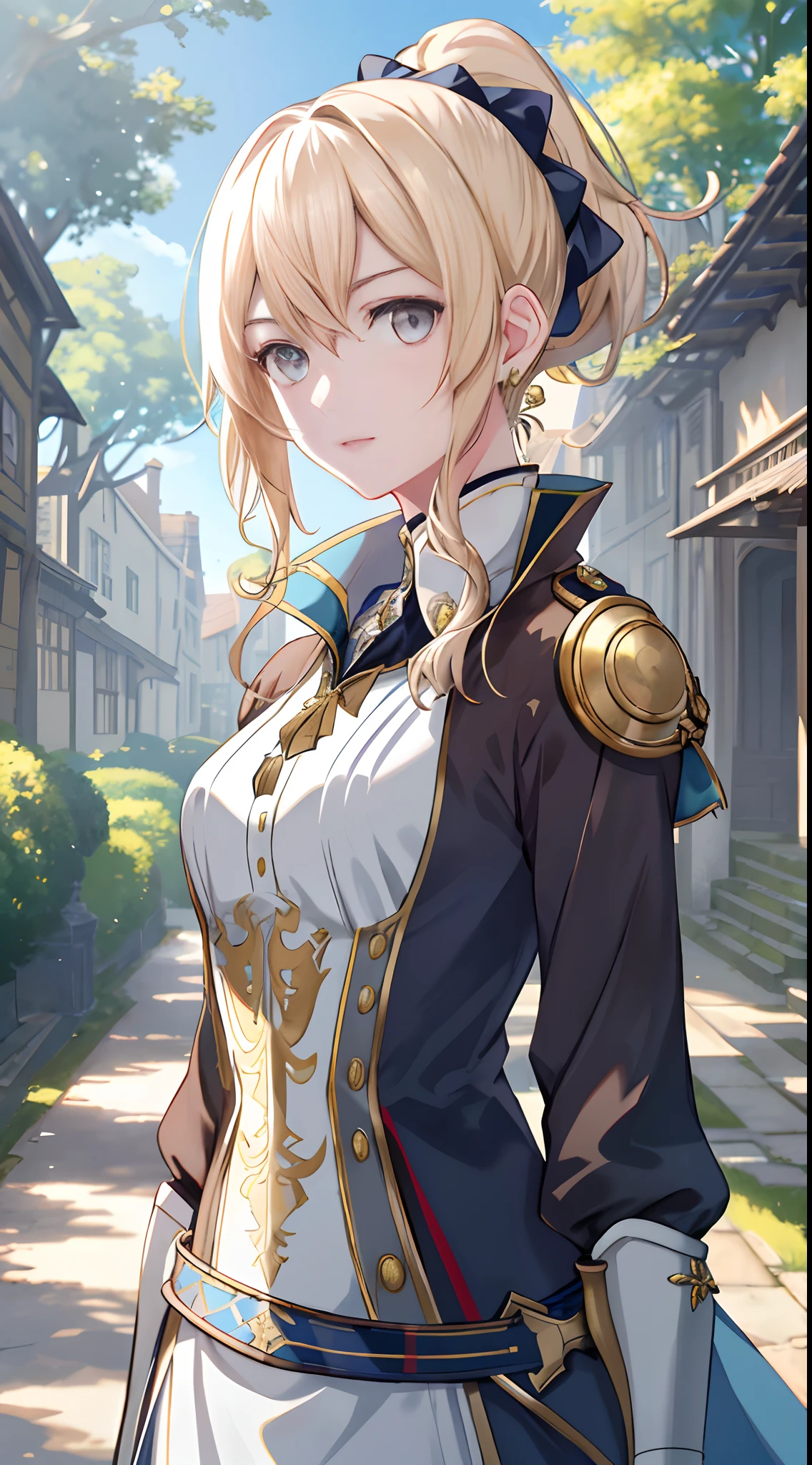 Elegant anime female character，anne hathaway,Golden ponytail，Extremely attractive eyes，Medieval knightly and aristocratic costumes，In the daytime，blue-sky，Skysky，exteriors，Under the towering trees，Cinematic lighting effects，Large aperture portrait，dynamicposes，Golden ratio，rich details​