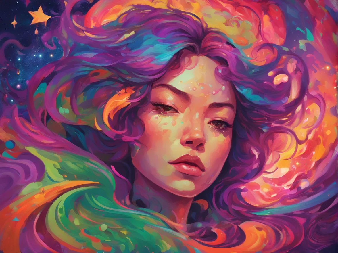 A masterpiece painting of a woman with vibrant purple hair, wearing a bright green neon shirt, standing inside a swirling black hole. In the background, a galaxy can be seen with stars and colorful nebulae. The woman's expression is serene and powerful, as if she has control over the forces of the universe. The painting is done in a realistic style with fine details and dramatic lighting, reminiscent of classical portraits. Trending on artstation and loved by artists like audrey kawasaki, amy sol, and jasmine becket-griffith.