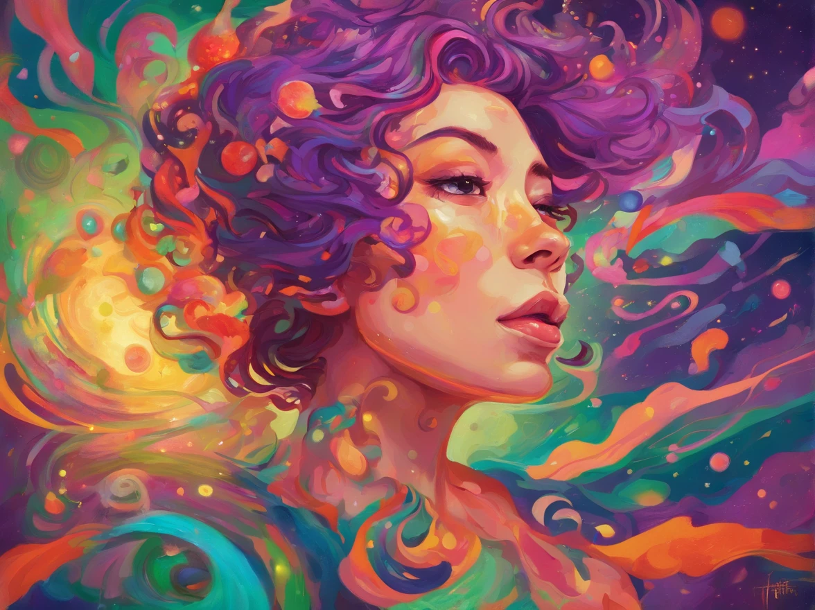 A painting of a woman with purple hair and a colorful swirl - SeaArt AI