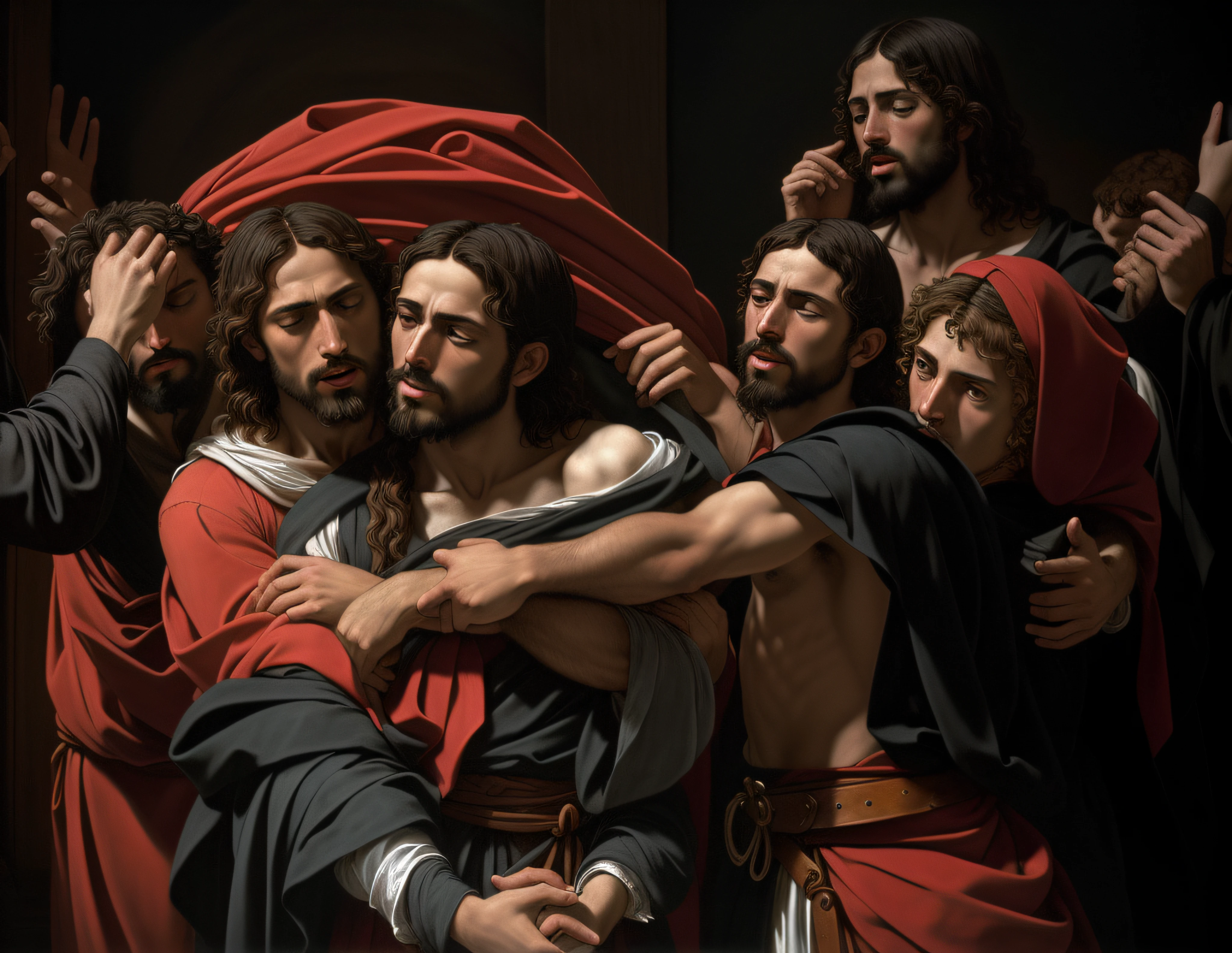 jesus is carried by his friends in a scene from the bible, in style of caravaggio, caravaggio style, done in the style of caravaggio, inspired by Michelangelo Merisi da Caravaggio, inspired by Caravaggio, caravaggio and artgerm, caravaggesque style, by Carlo Martini, style of caravaggio, by Alessandro Allori
