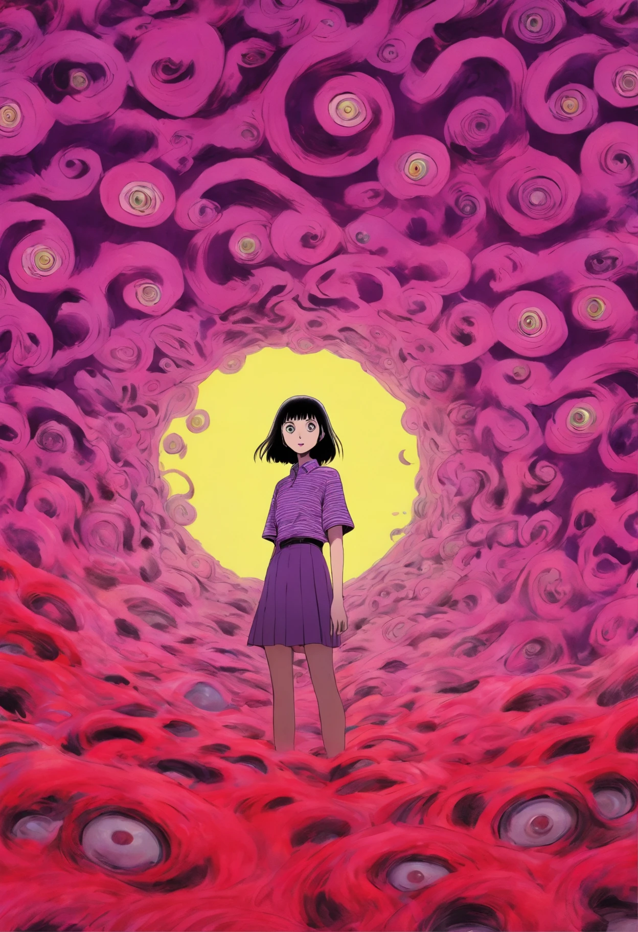 MASTERPIECE a woman in a red shirt standing inside of a purple hole, junji ito's uzumaki, junji ito artwork, subtle junji ito, ito junji art, in style of junji ito, art style of junji ito, junji ito style, vertigo comic, style of satoshi kon, junji ito undertones, by Junji Ito
