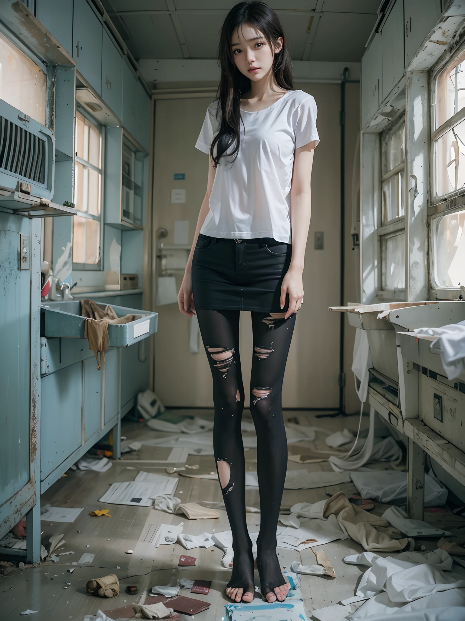 tmasterpiece,photograph realistic,Abandoned hospital morgue,Dirty 1.5,Very beautiful 18 year old Korean girl,very beautiful long slim legs,The barefoot,exhibitionists,(((Systemic random exposure))),Exposing the genitals