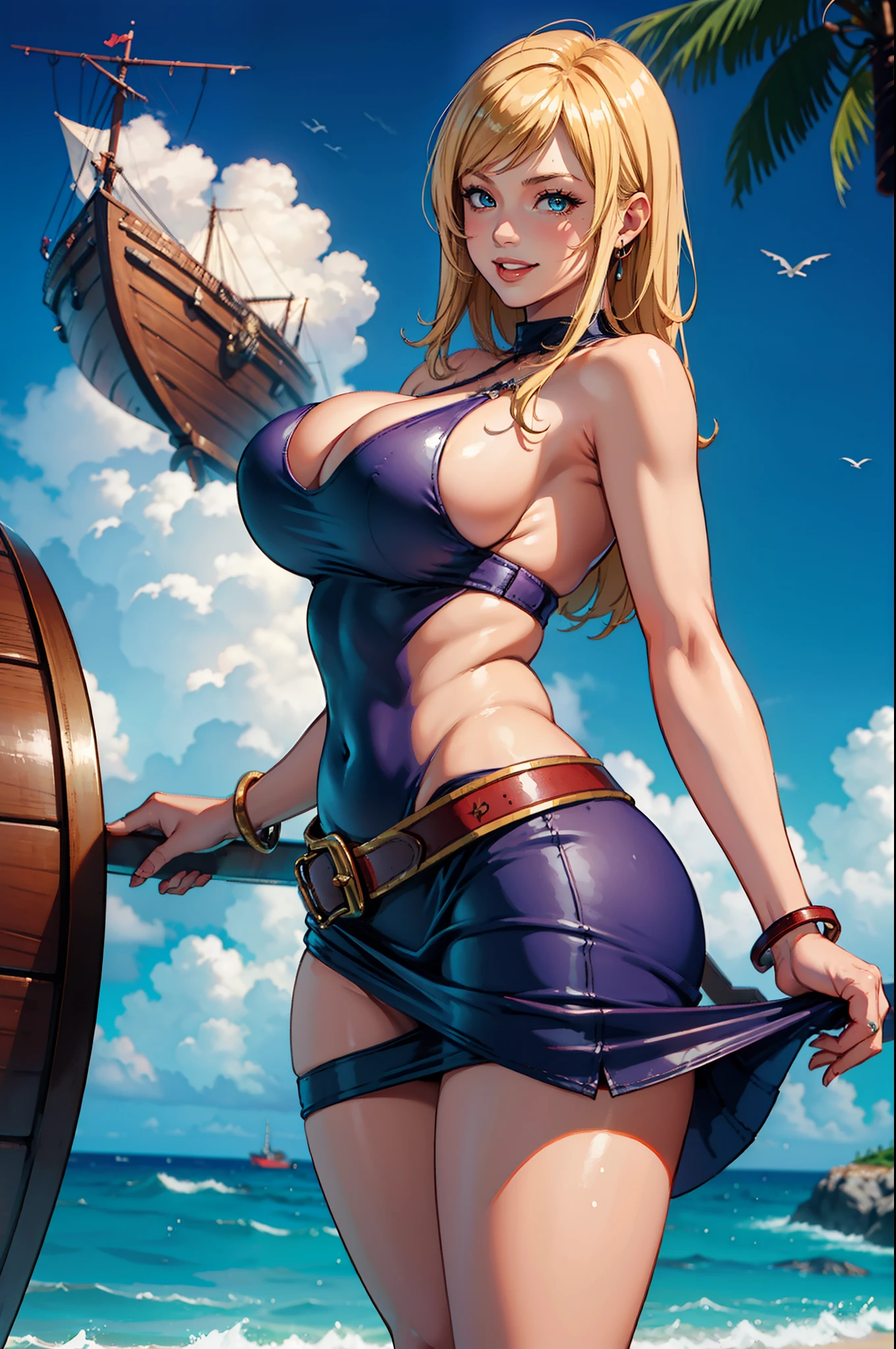 Best quality, solo mature woman, giant breasts, giant ass, very curvy, full lips, seductive, smiling, mini skirt, bimbo, thick thighs, curvy physique, 1girl, JenetMS, solo, large breasts, blurry, blurry background, sea, ocean, island, pirate ship on the horizon, leg cutout, thong