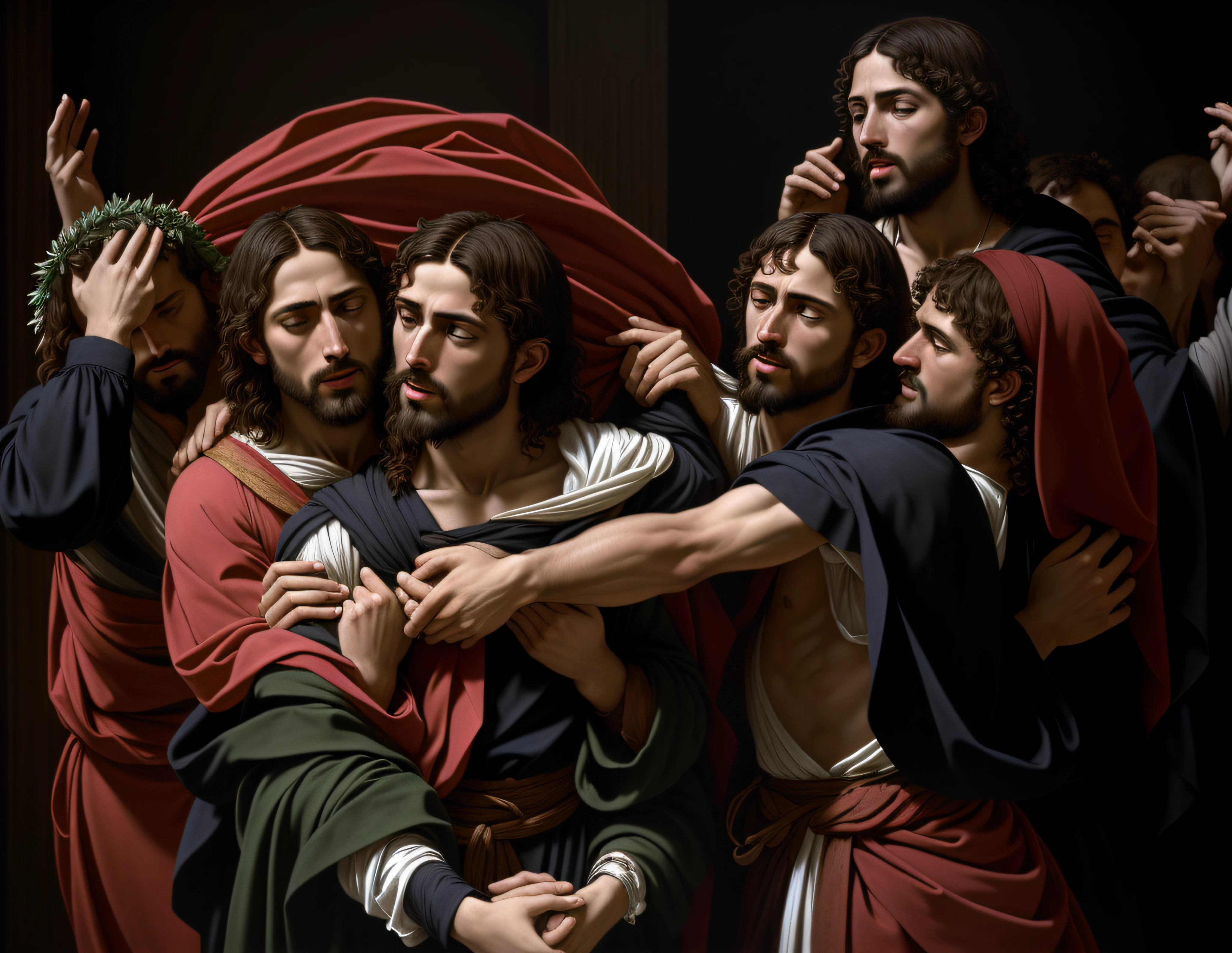 jesus is carried by his friends in a scene from the bible, in style of caravaggio, caravaggio style, done in the style of caravaggio, inspired by Michelangelo Merisi da Caravaggio, inspired by Caravaggio, caravaggio and artgerm, caravaggesque style, by Carlo Martini, style of caravaggio, by Alessandro Allori